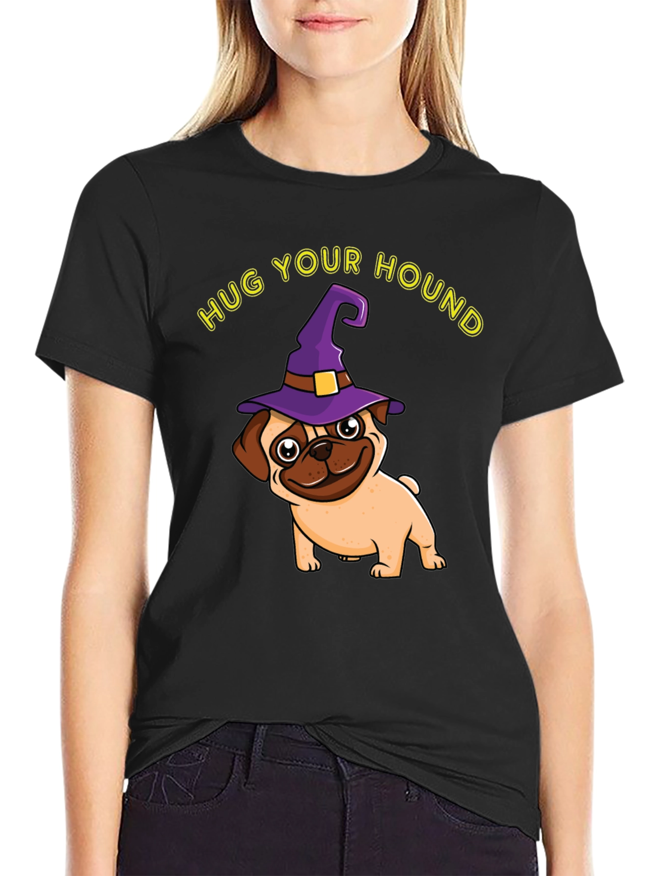 Black Hug Your Hound Pug Halloween T-Shirt view 2
