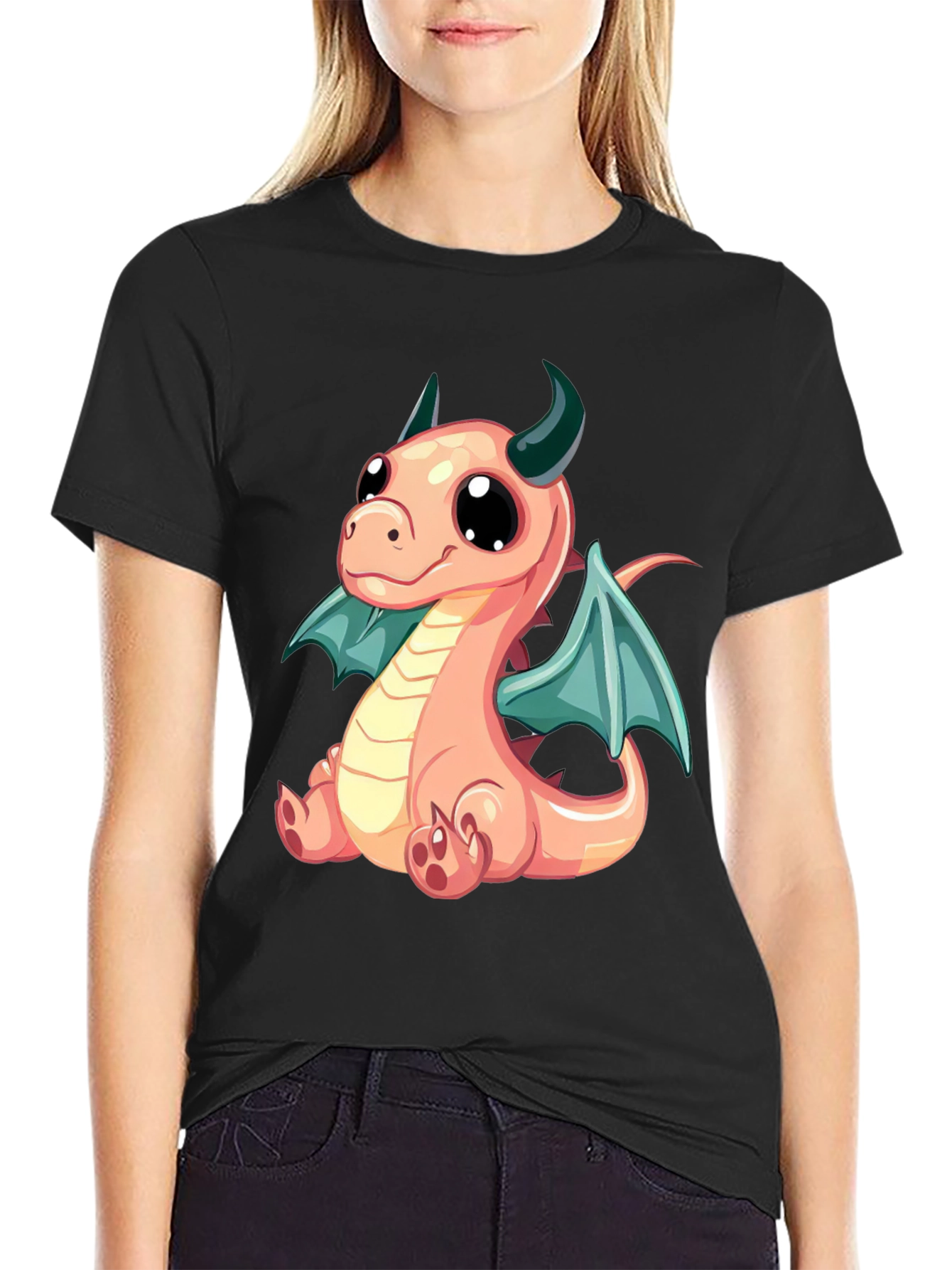 Black Cute Cartoon Dragon Graphic Tee - Black view 2