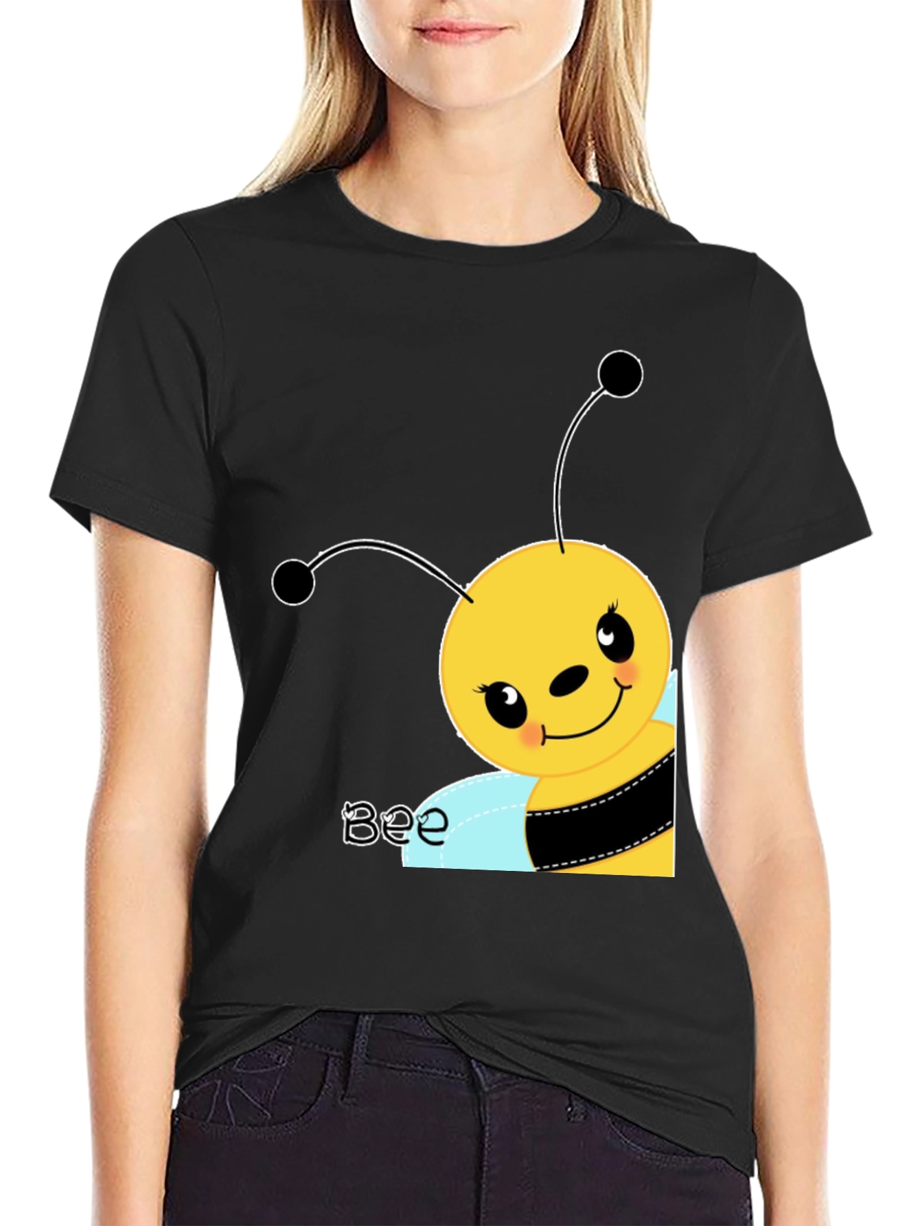 Black Cute Cartoon Bee Graphic Tee view 2
