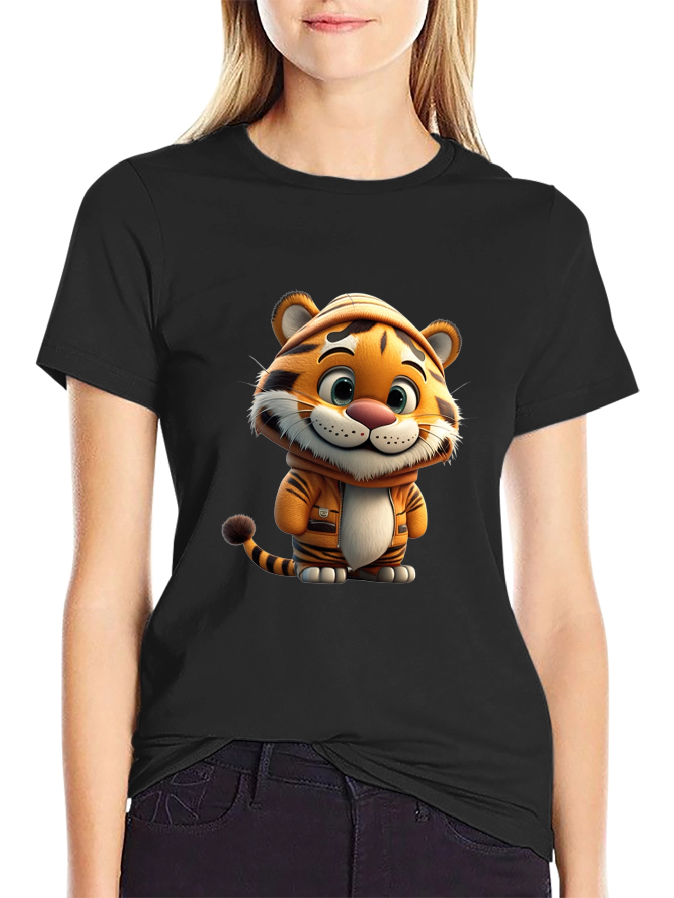 Black Cute Cartoon Tiger Black T-Shirt view 2