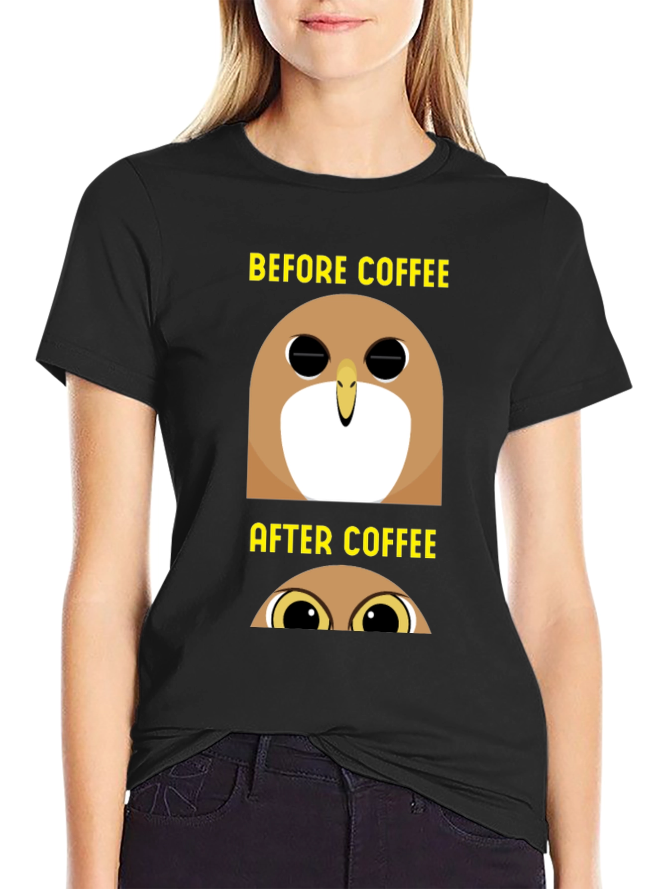 Black Before & After Coffee Owl T-Shirt - Black view 2
