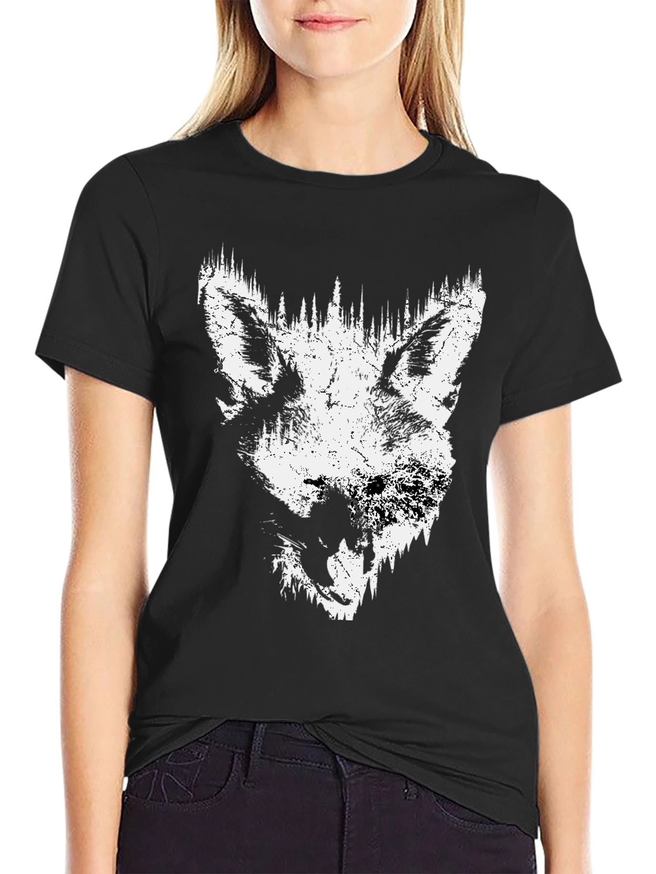 Black Wolf Graphic Print Black T-Shirt view 2