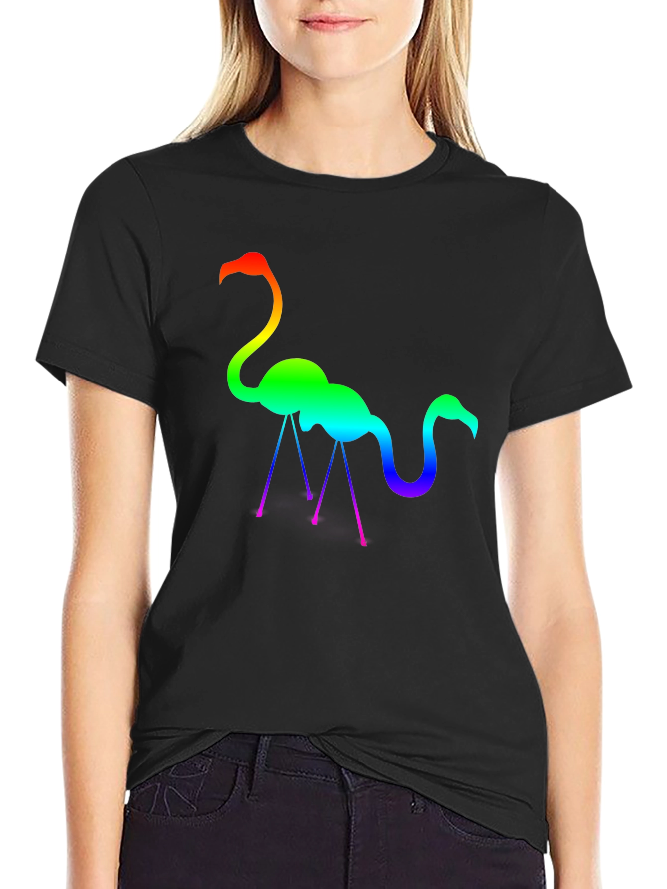 Black Rainbow Flamingo Graphic Tee - Stylish Cotton T-Shirt view 2