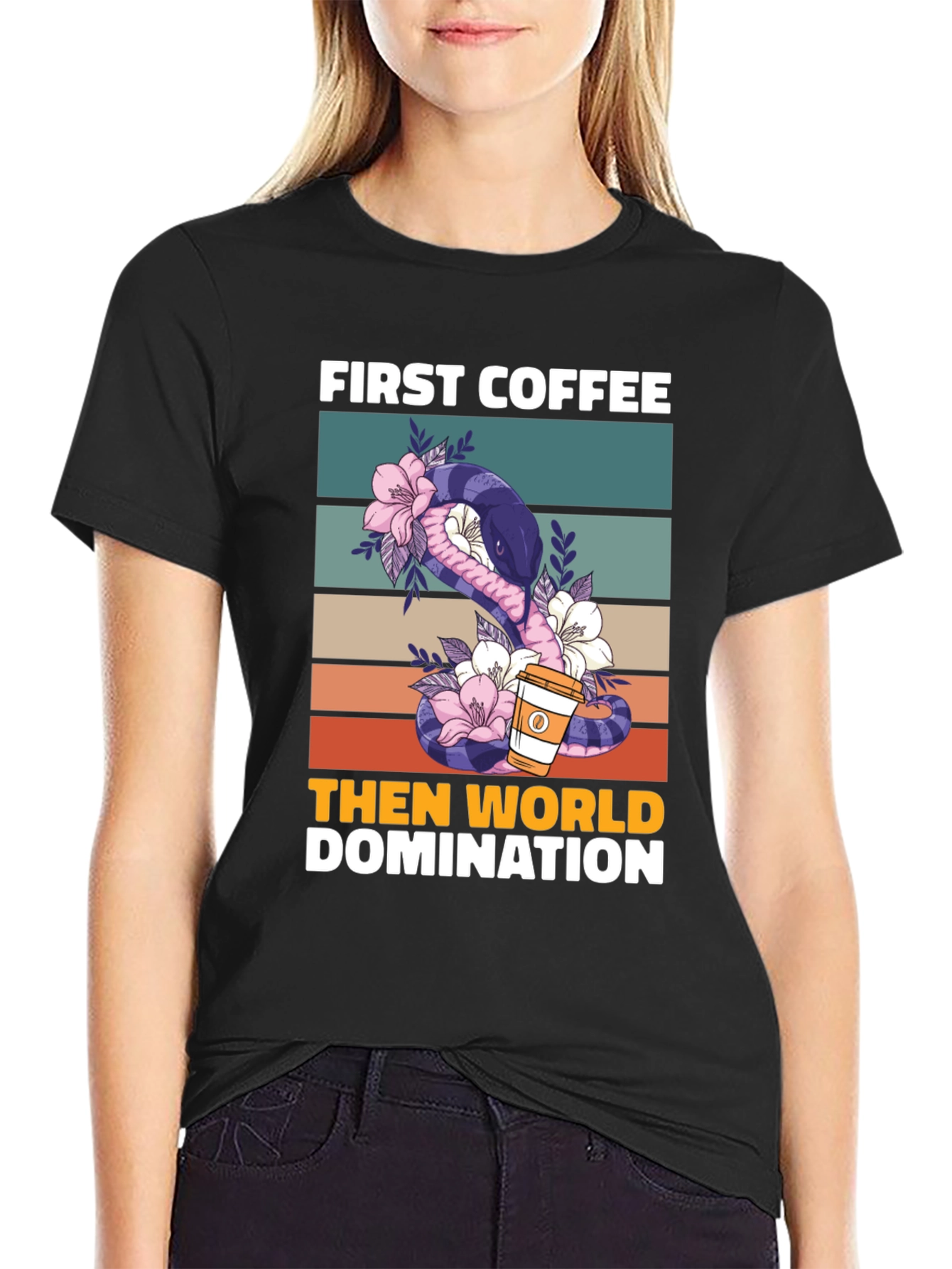 Black First Coffee Then World Domination T-Shirt view 2