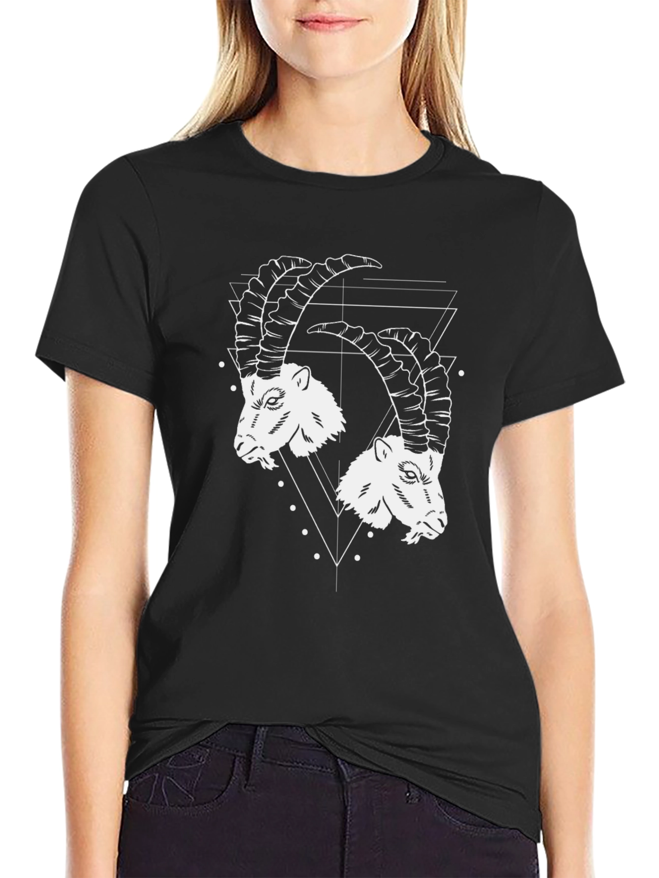 Black Geometric Ibex Head Graphic Tee - Black Cotton T-Shirt view 2