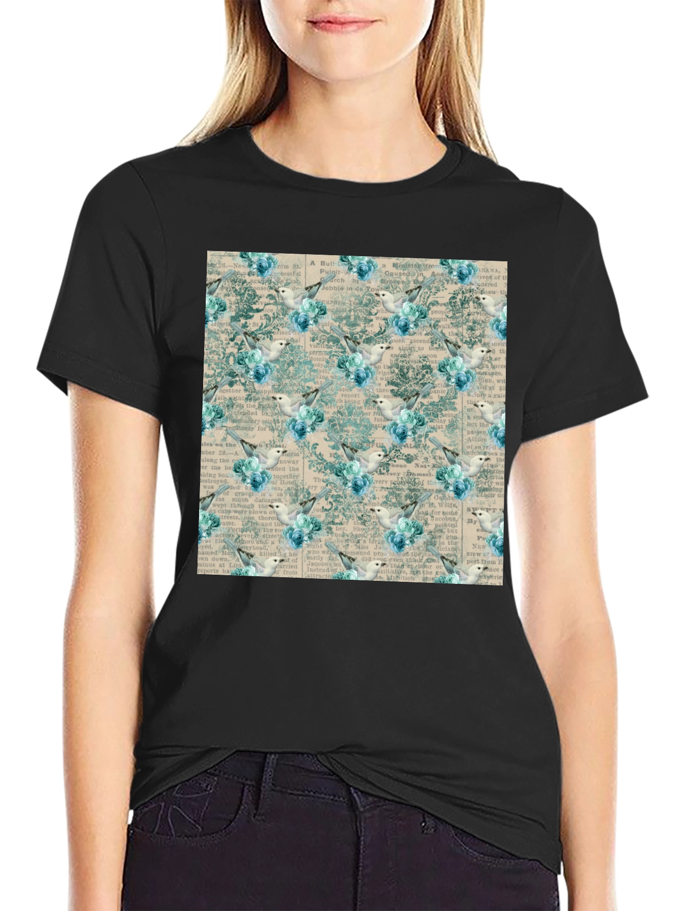 Black Vintage Bird & Floral Print Black T-Shirt view 2