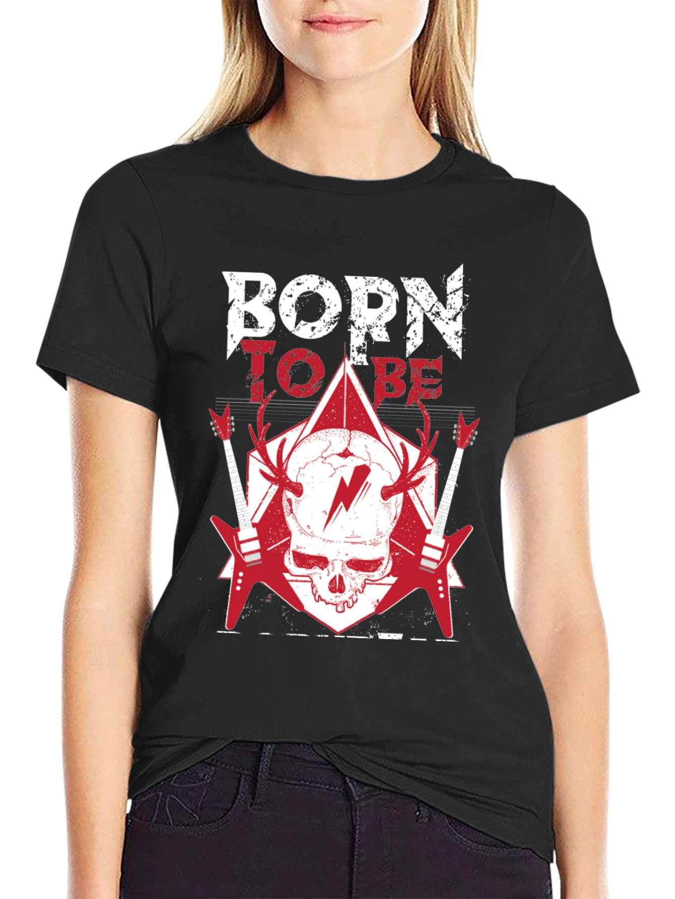 Black Born To Be T-Shirt: Rock & Roll Skull Tee view 2