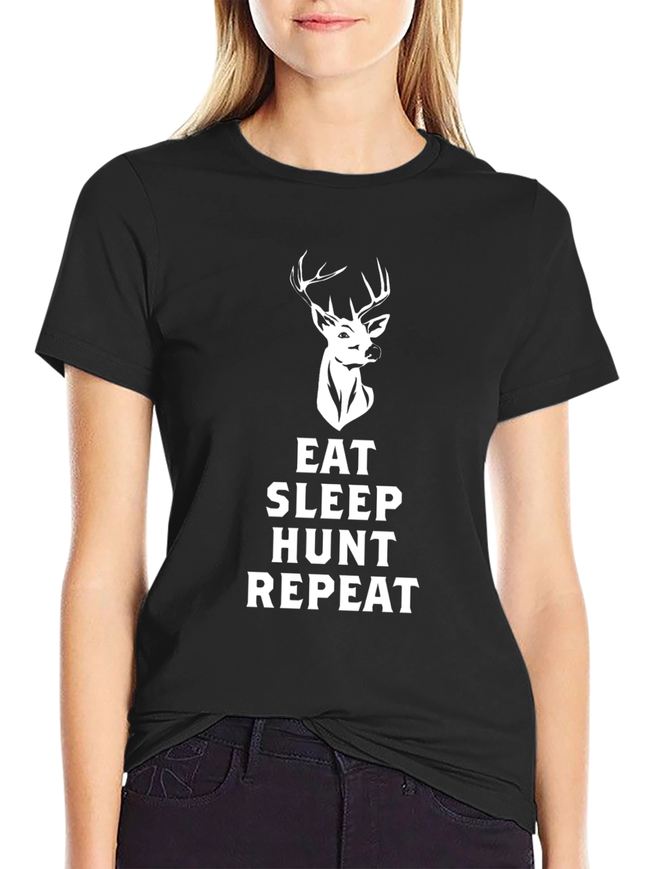 Black Eat Sleep Hunt Repeat Deer Graphic Tee - Black view 2
