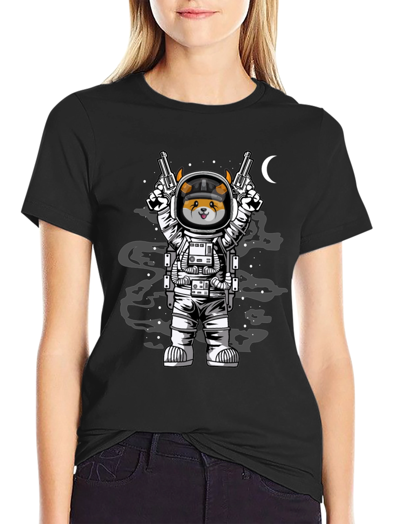Black Space Dog T-Shirt - Astronaut Doge with Guns view 2
