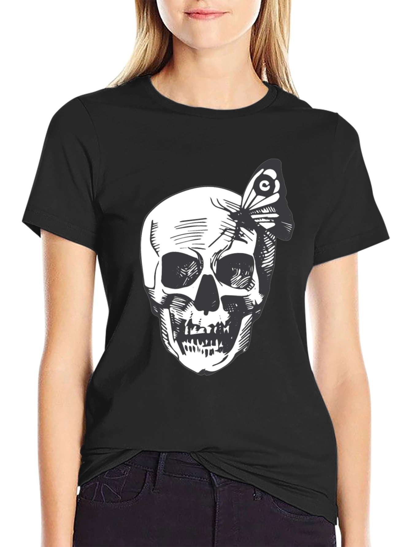 Black Skull and Butterfly Graphic Tee - Black Cotton view 2