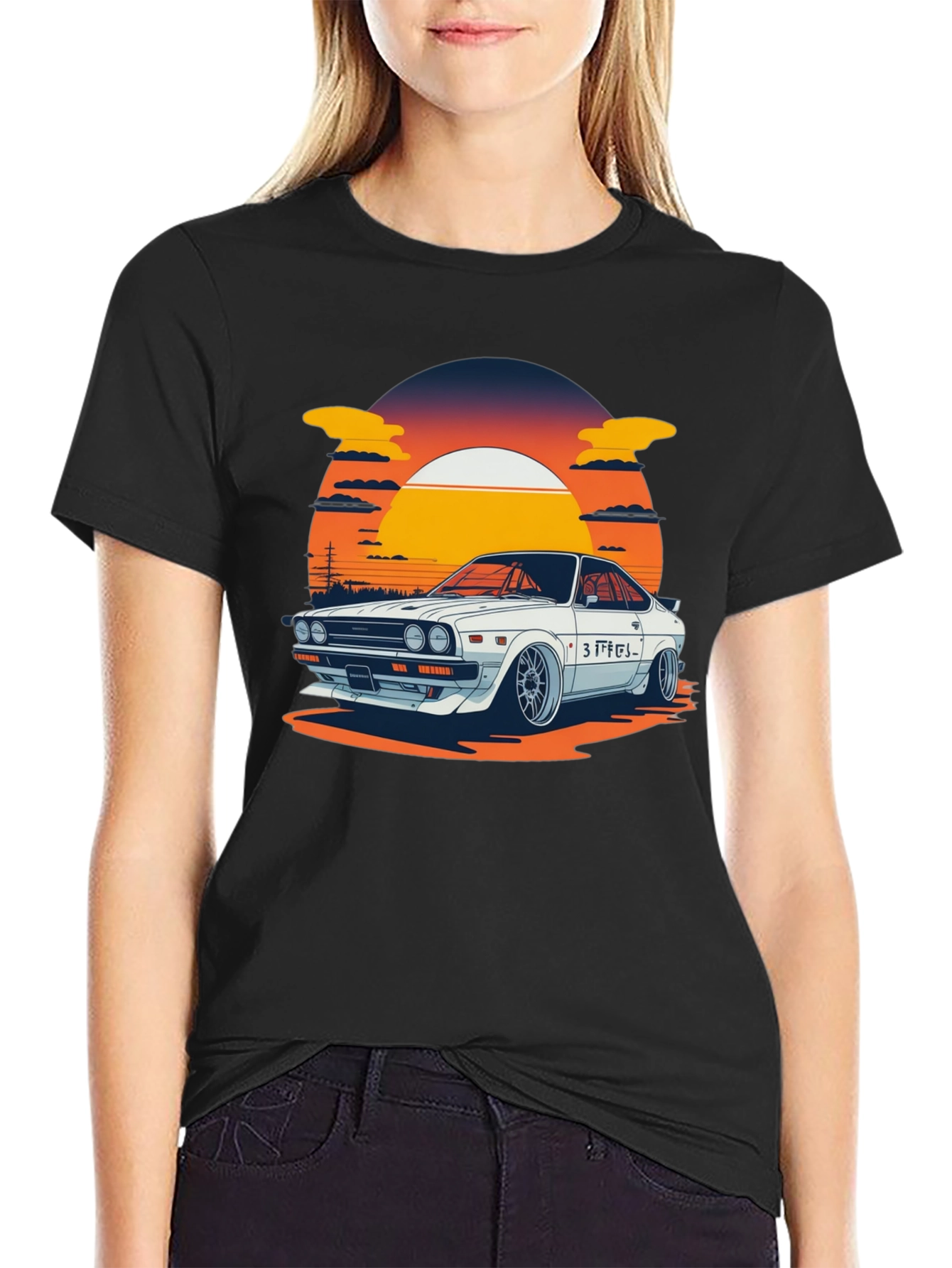 Black Retro Car Graphic Tee - Sunset Style view 2