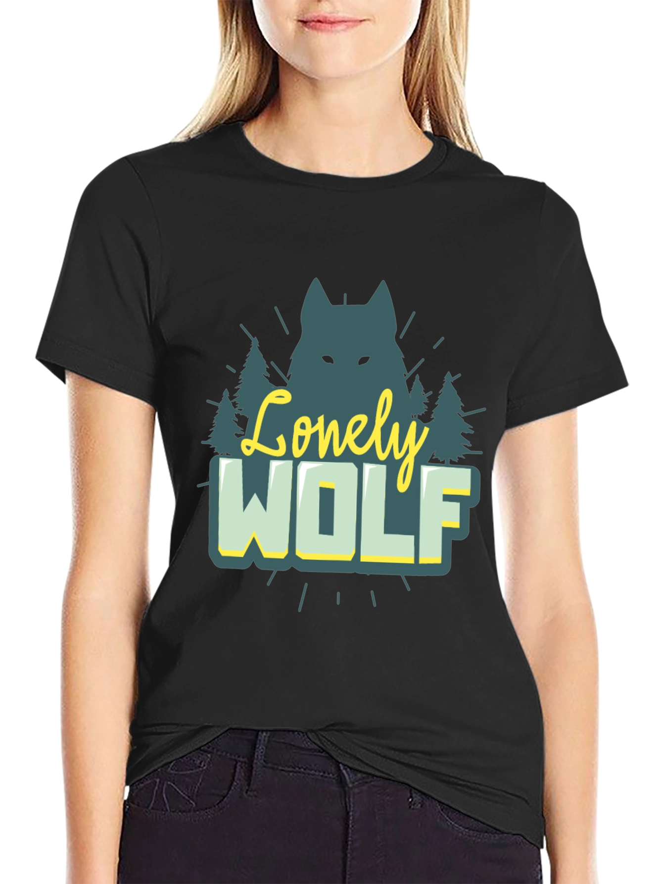 Black Lonely Wolf Graphic Tee - Nature Inspired Black T-Shirt view 2