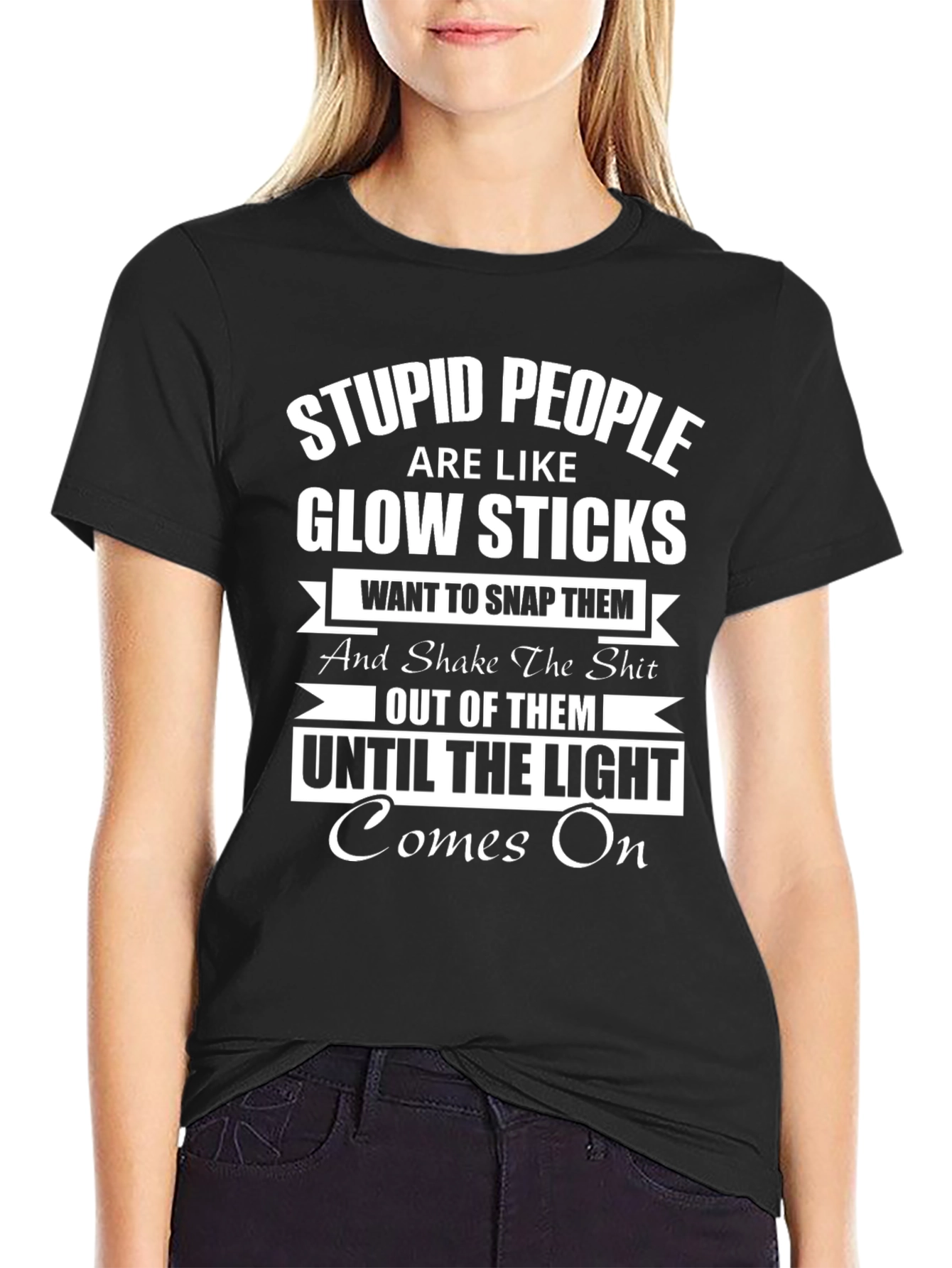 Black Stupid People Glow Sticks Graphic T-Shirt view 2