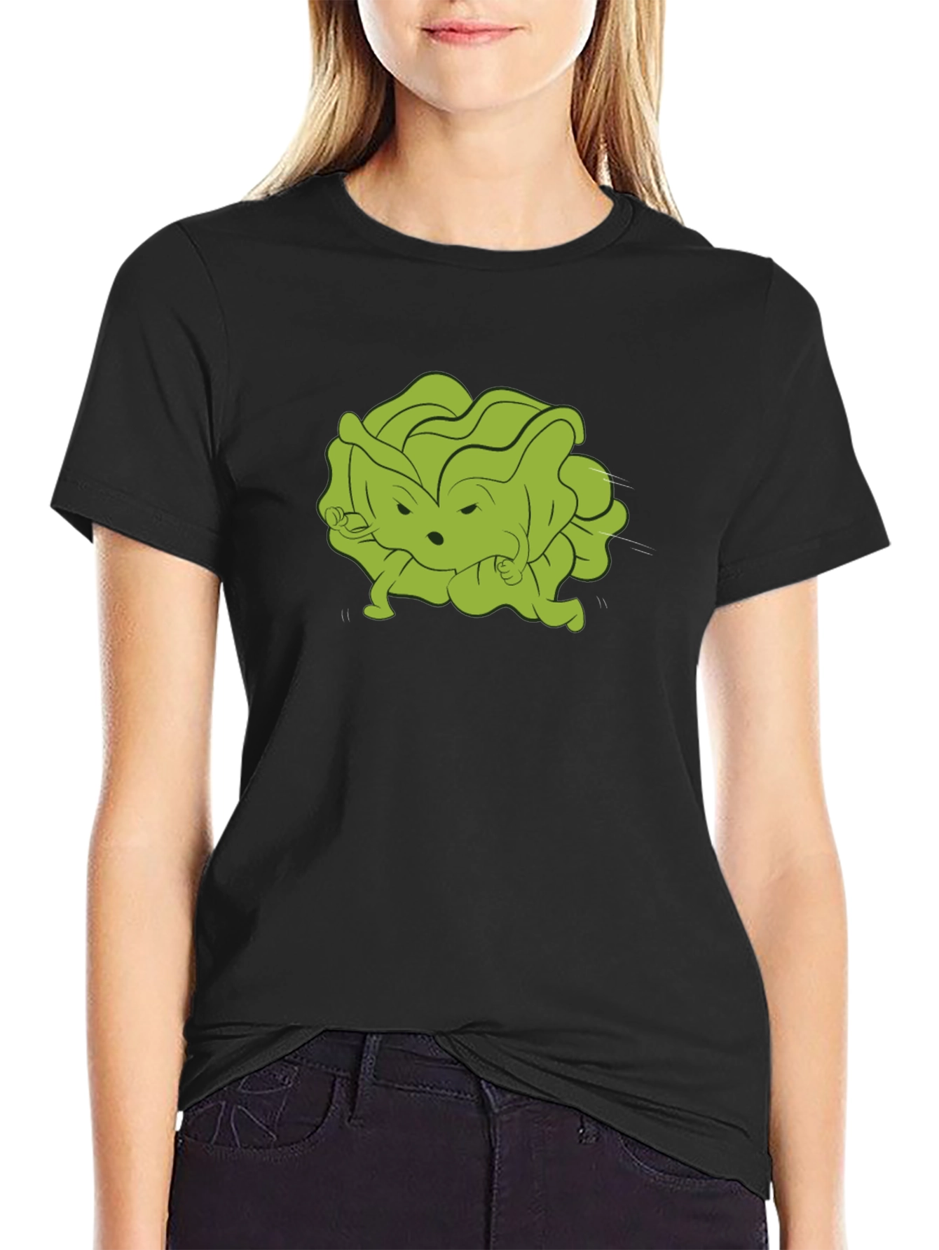 Black Funny Cartoon Lettuce Character Black T-Shirt view 2