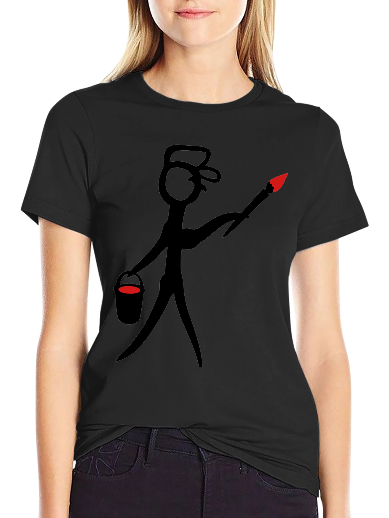 Black Painter Stick Figure Graphic Tee - Black Cotton Casual Wear view 2