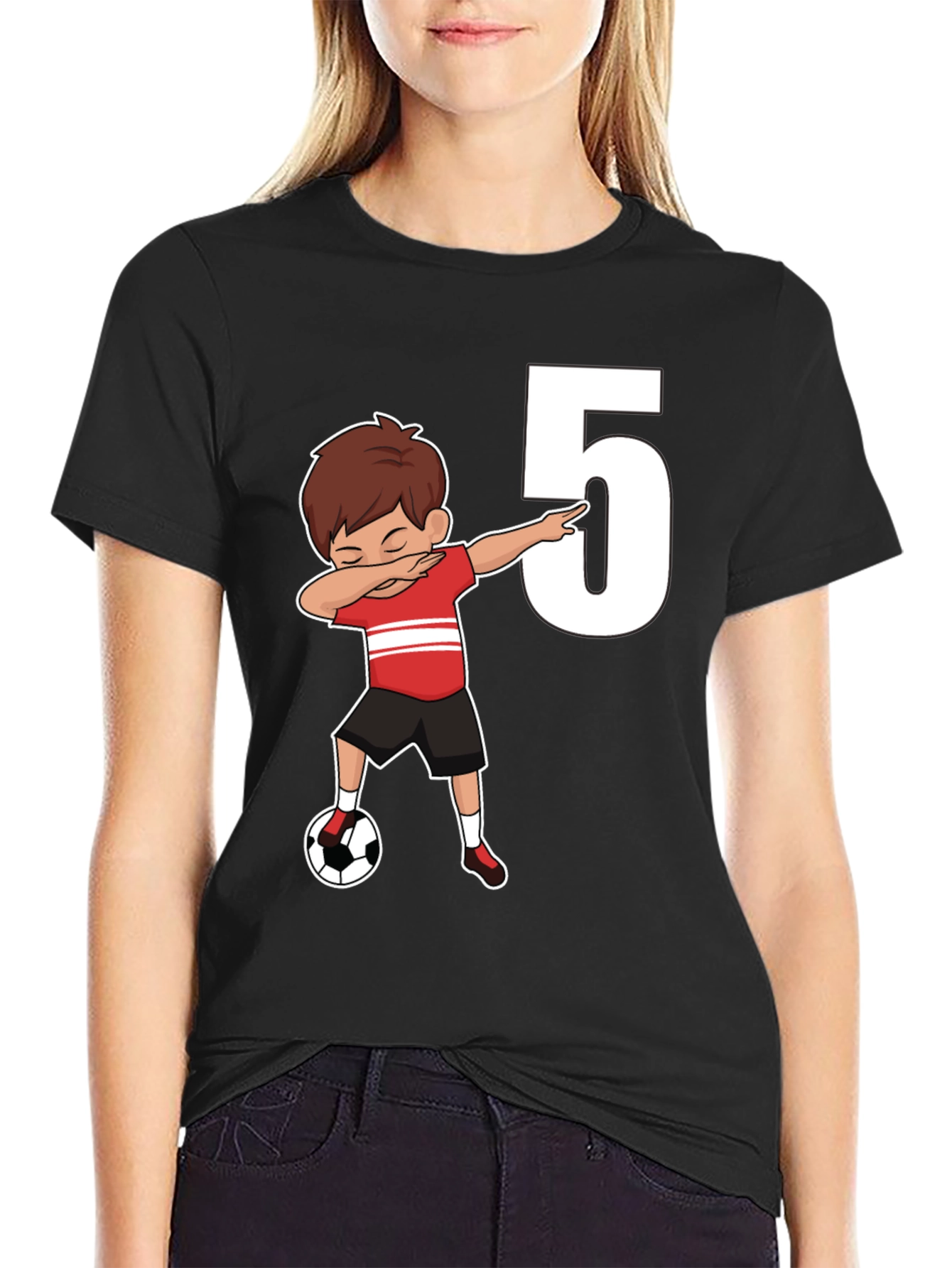 Black Kids 5th Birthday Soccer Dab T-Shirt view 2