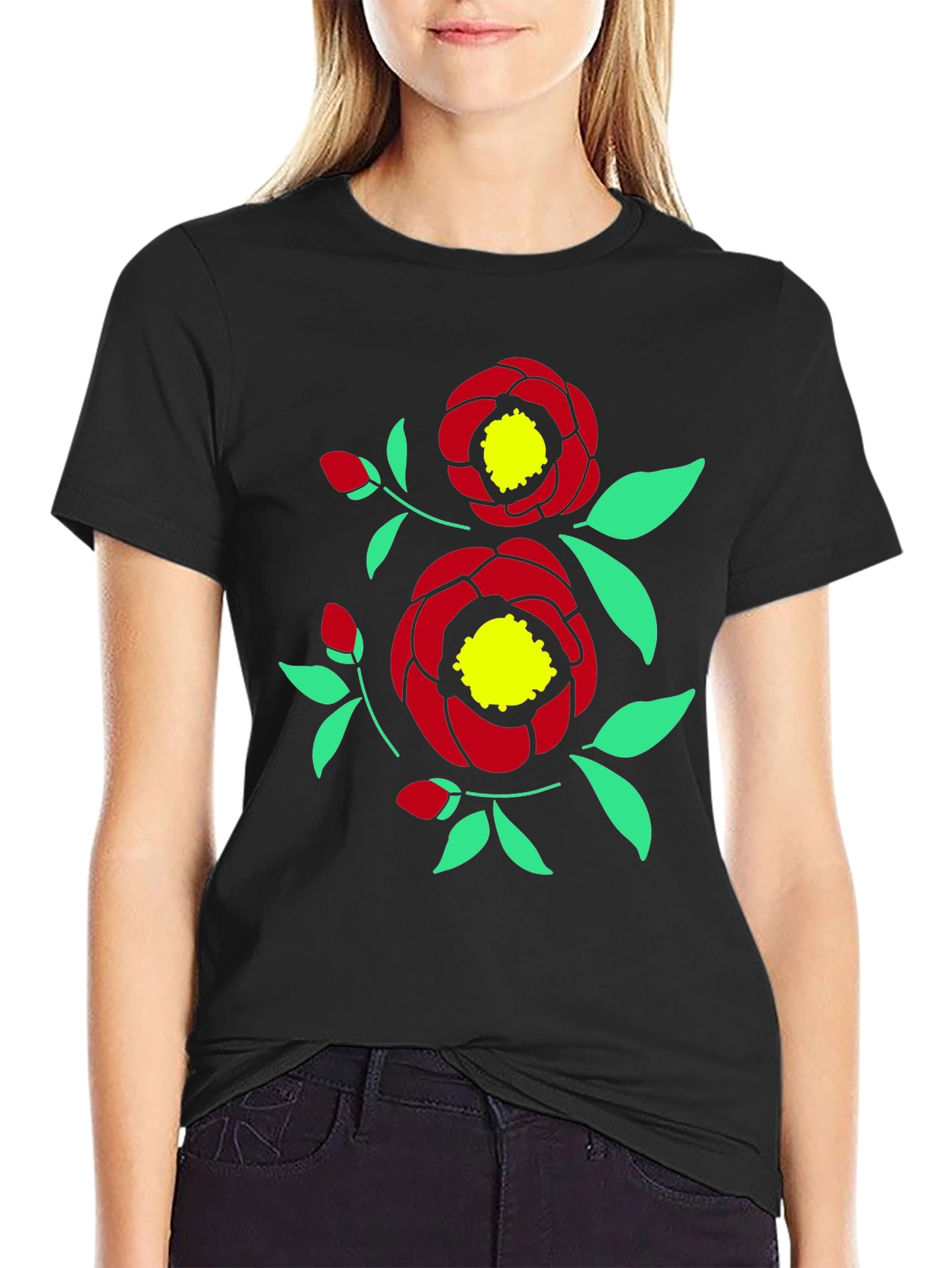 Black Floral Print Tee - Black Cotton Casual view 2