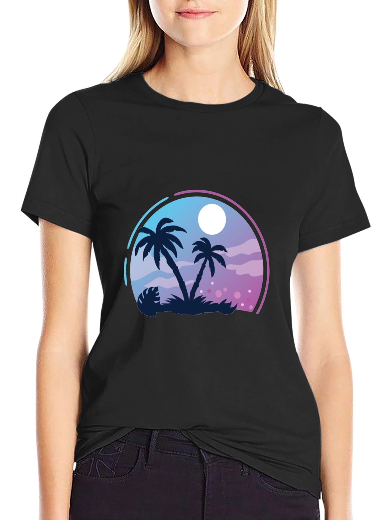 Black Tropical Palm Tree Graphic Black T-Shirt view 2