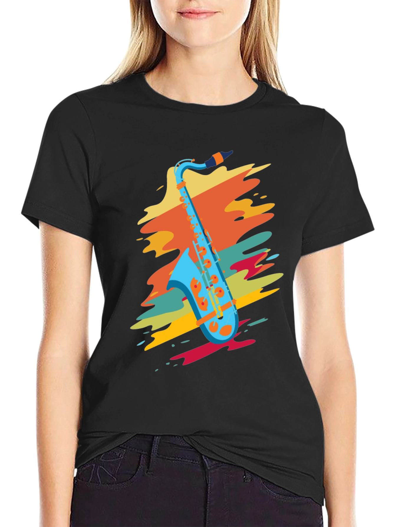 Black Stylish Saxophone Graphic T-Shirt view 2