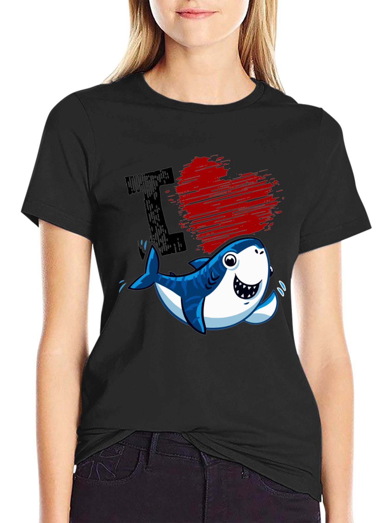Black I Love Sharks T-Shirt - Cute Cartoon Graphic Tee view 2