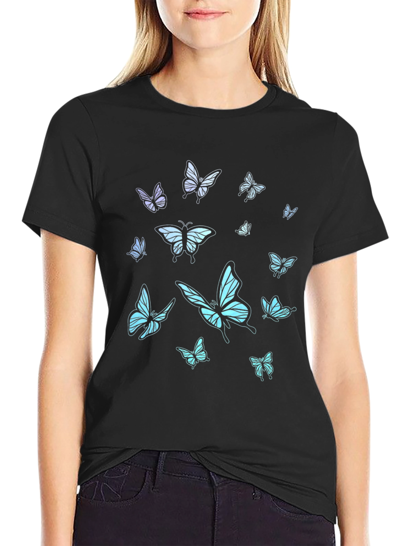 Black Butterfly Print Black T-Shirt view 2