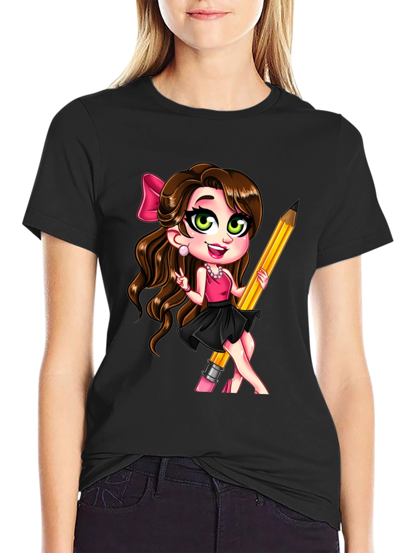 Black Fun Cartoon Girl with Pencil Black T-Shirt view 2