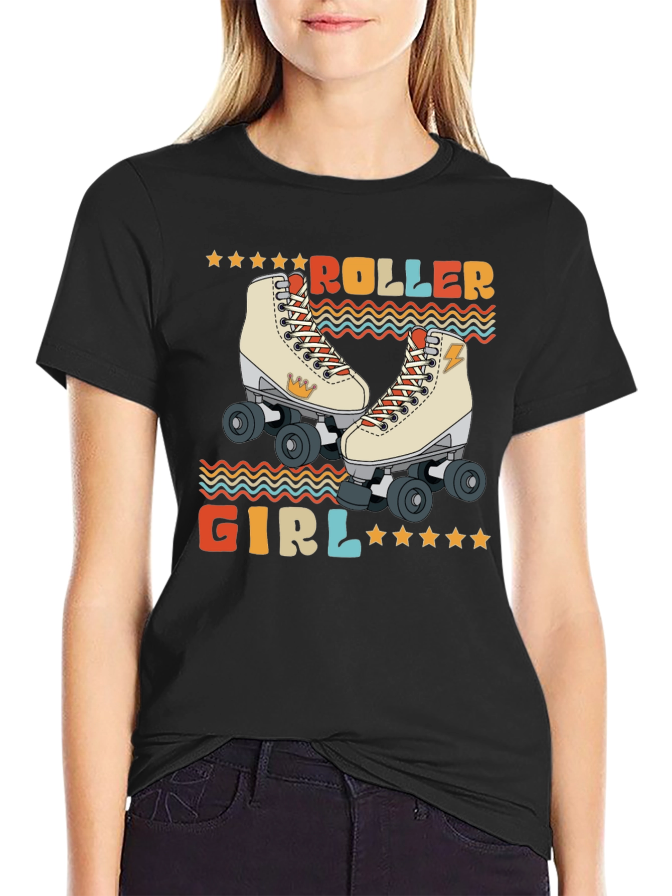 Black Retro Roller Girl T-Shirt - Vintage Style Skate Tee view 2