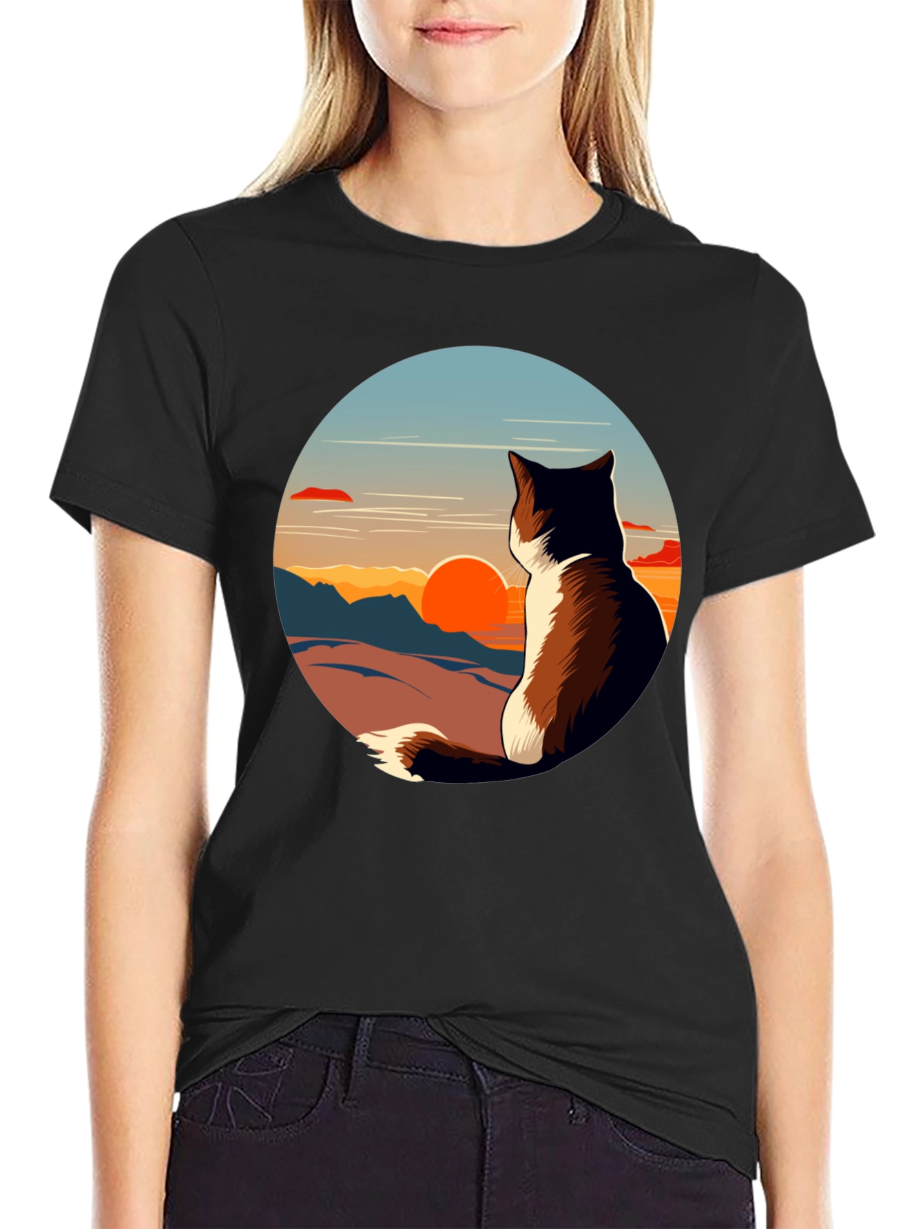 Black Sunset Cat Graphic Tee - Unisex Black T-Shirt view 2