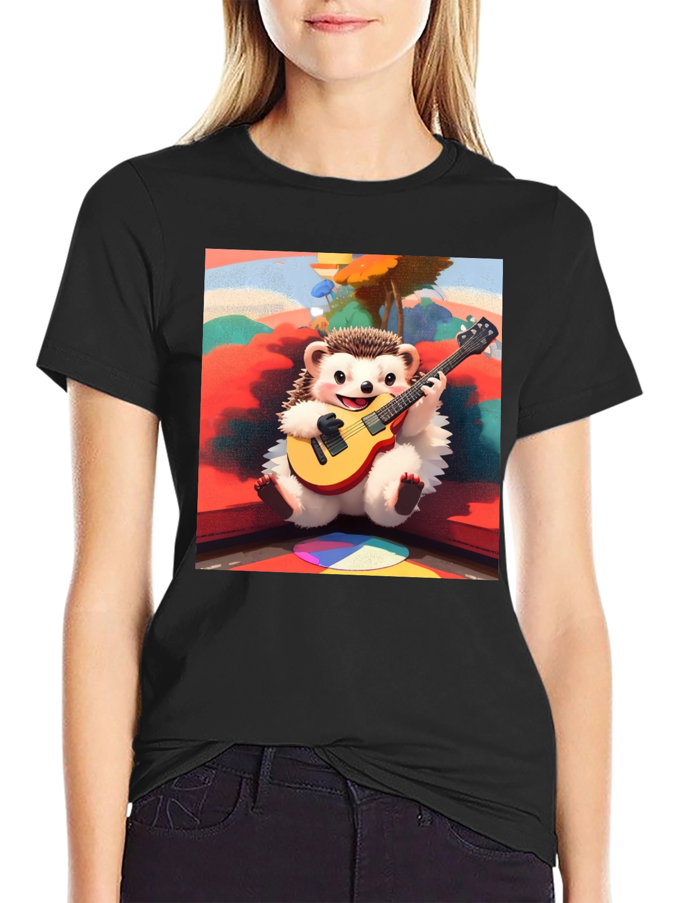 Black Playful Hedgehog Guitarist Graphic Tee view 2