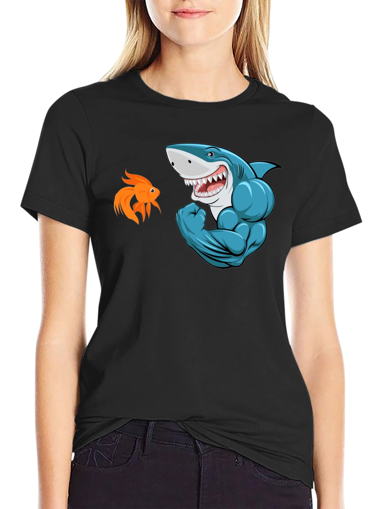 Black Funny Shark vs Goldfish Graphic Tee view 2