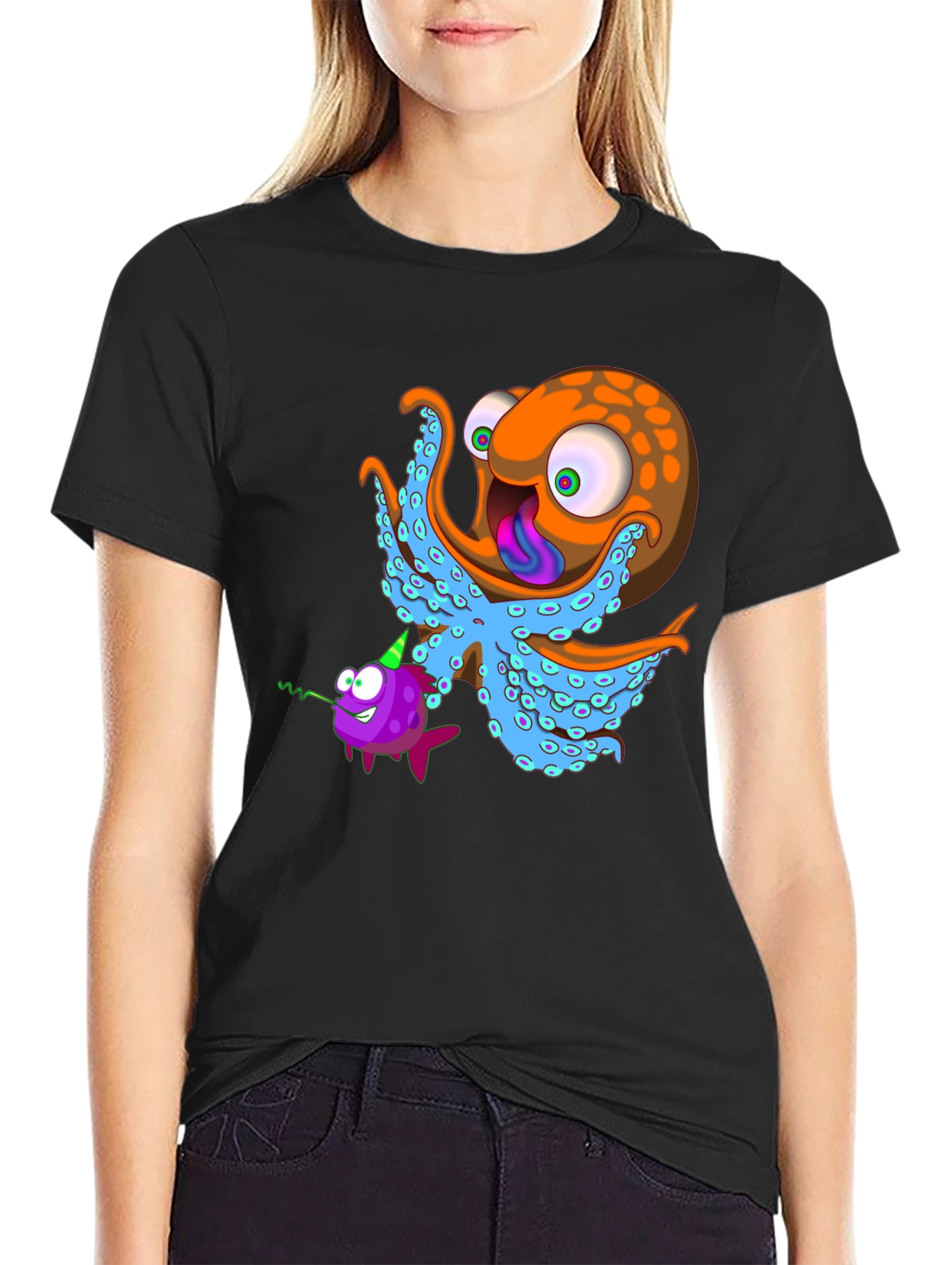 Black Octopus & Fish Graphic Tee - Unique Cartoon Design view 2