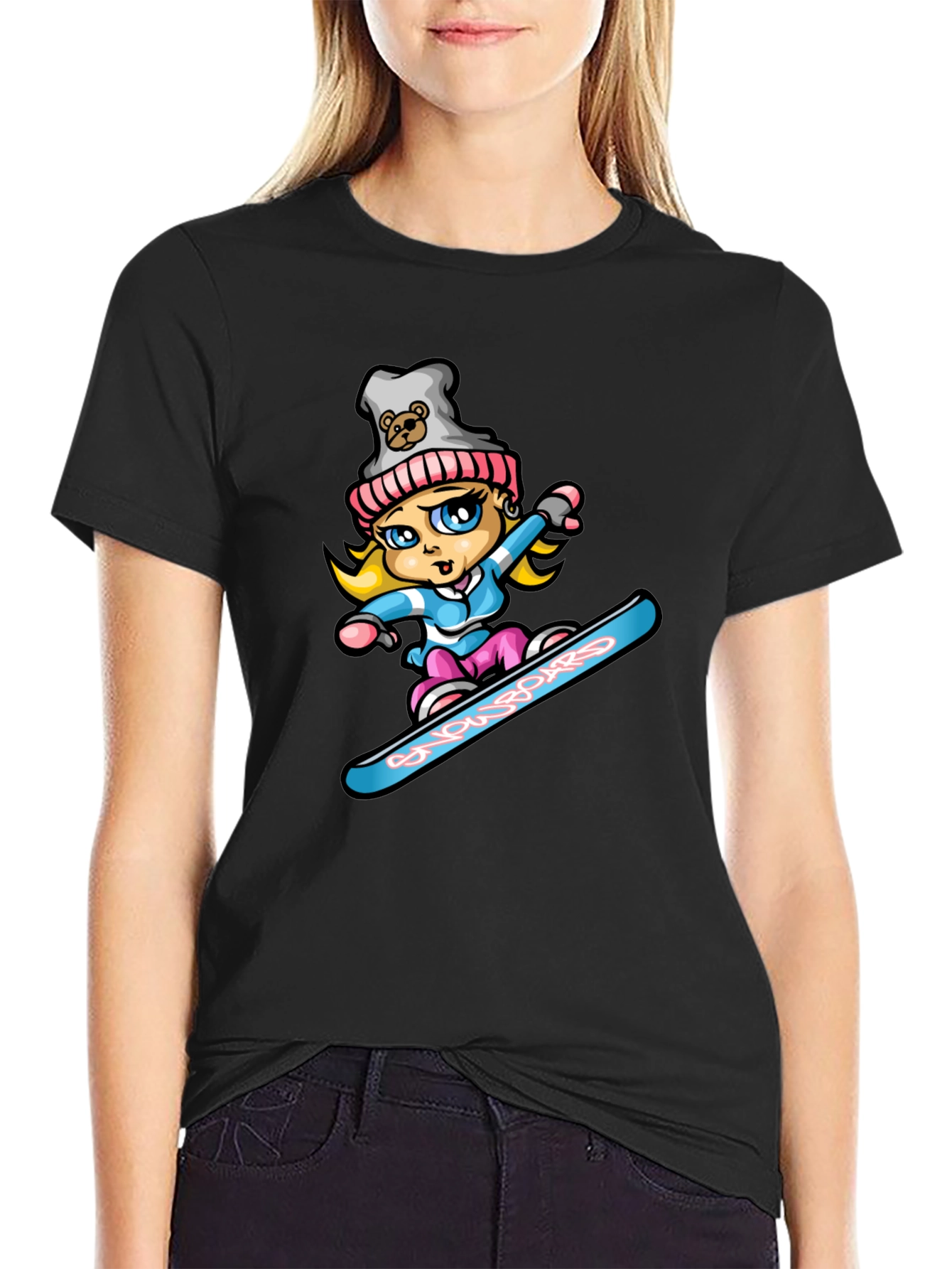 Black Snowboard Girl T-Shirt - Cartoon Graphic Tee view 2
