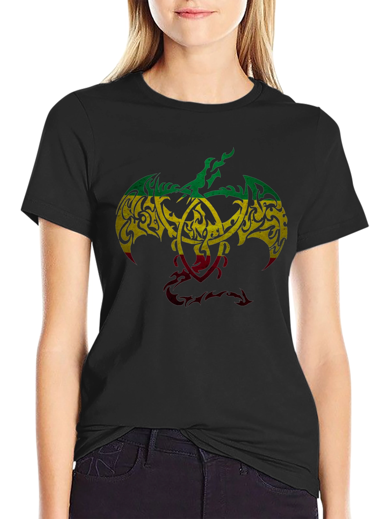 Black Rasta Tribal Dragon Graphic T-Shirt - Unique Design view 2