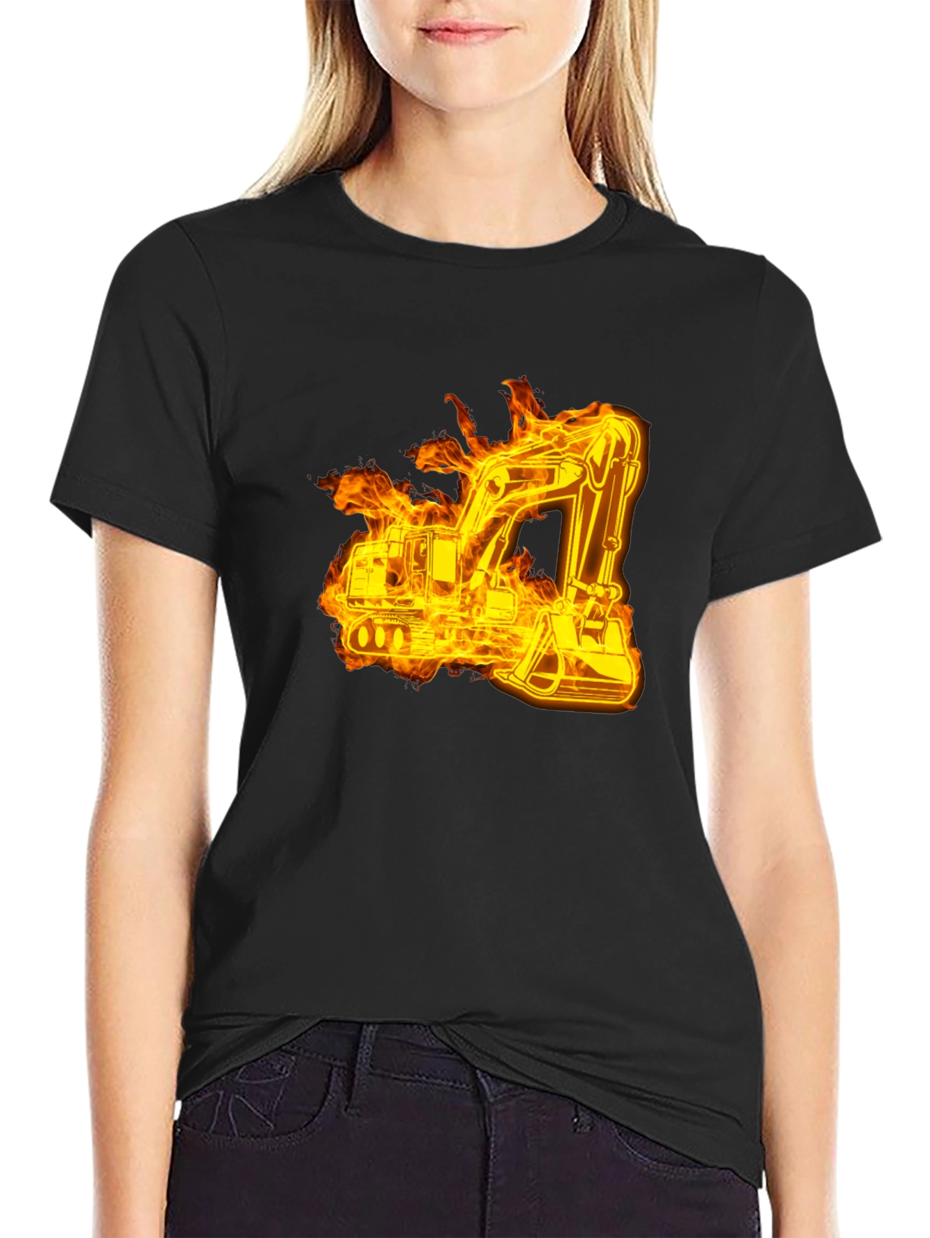 Black Fiery Excavator Black T-Shirt - Construction Tee view 2