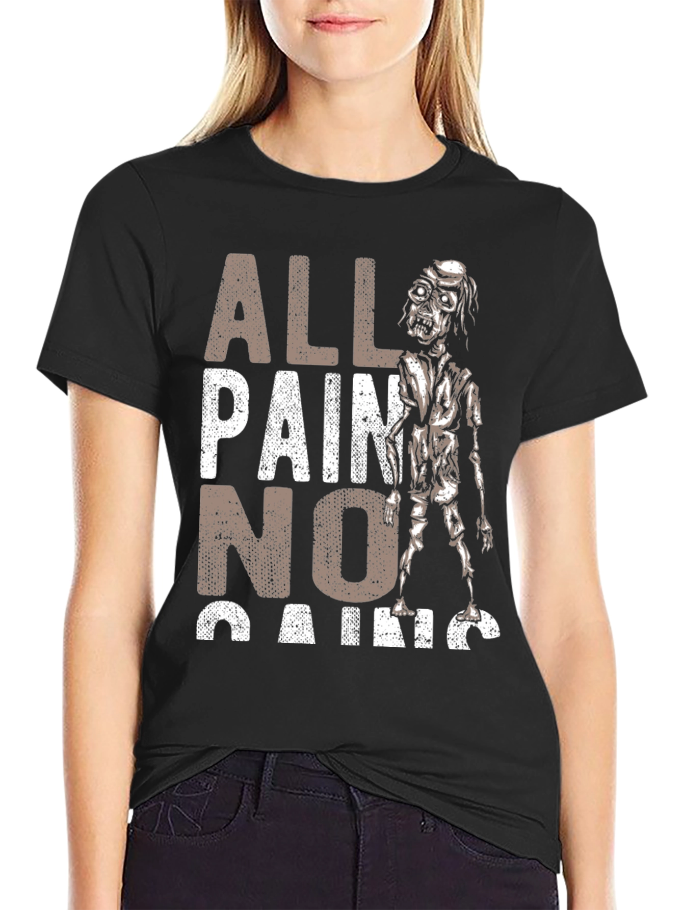 Black All Pain No Gains Zombie Graphic T-Shirt view 2