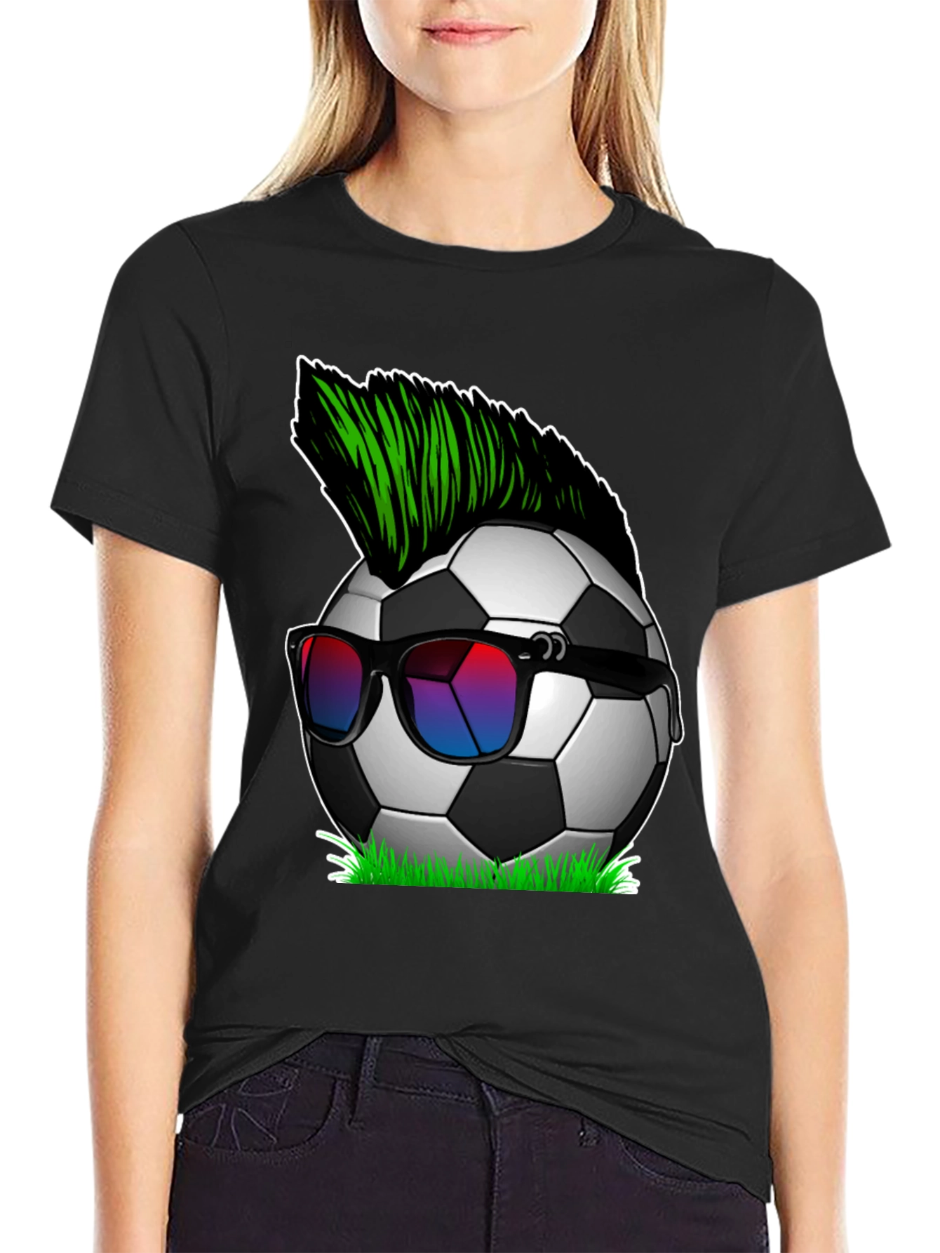 Black Soccer Ball Mohawk Graphic Tee - Cool & Unique! view 2