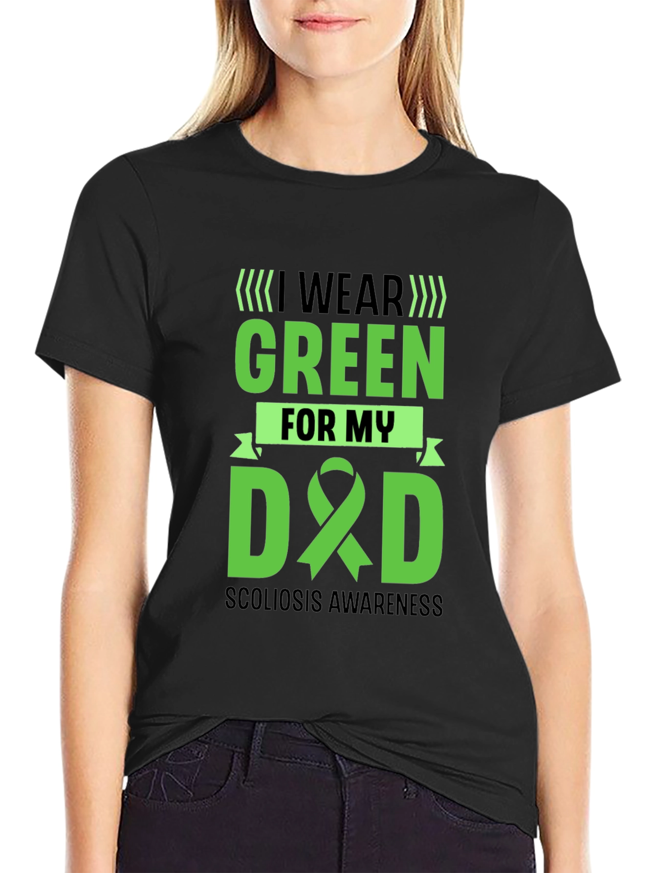 Black Scoliosis Awareness T-Shirt: I Wear Green for My Dad view 2