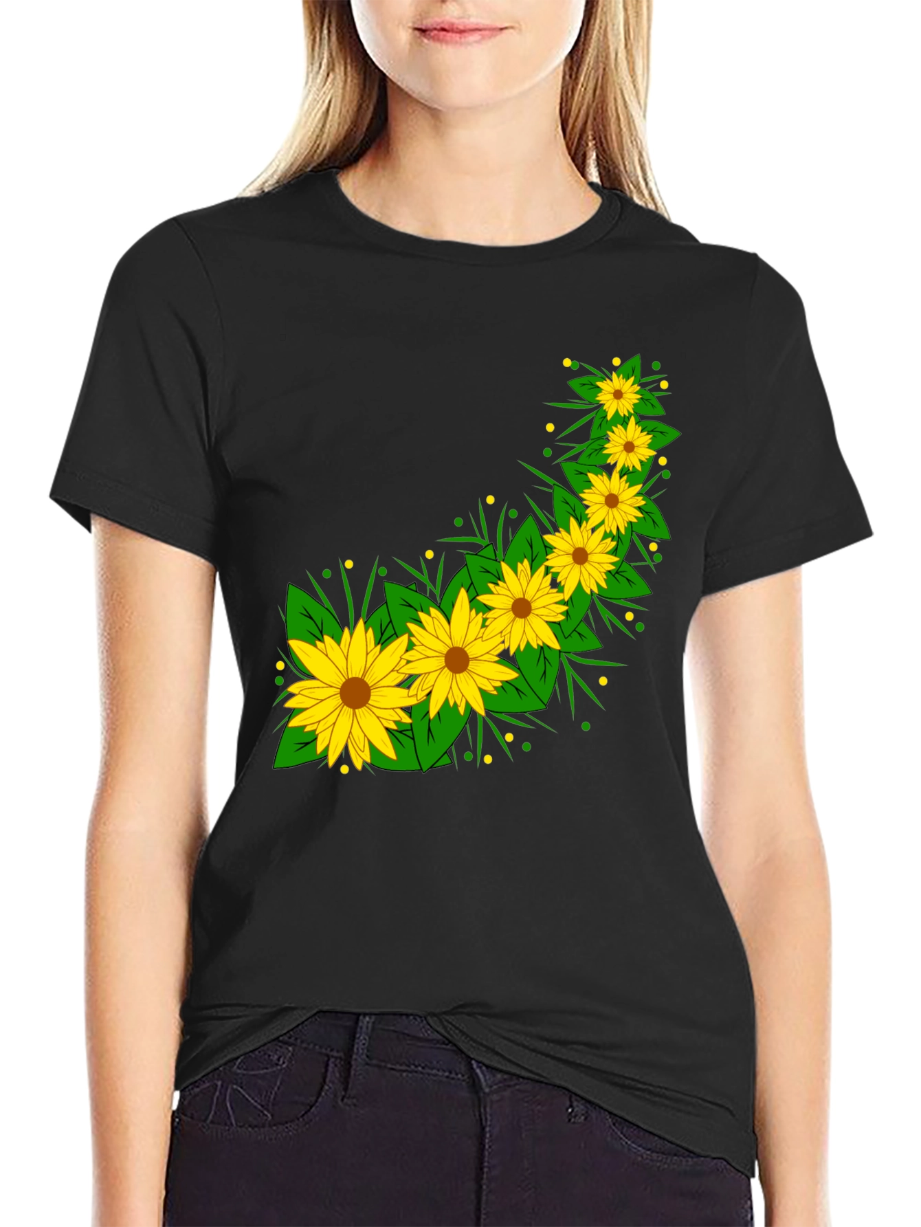 Black Sunflower Print Black T-Shirt view 2