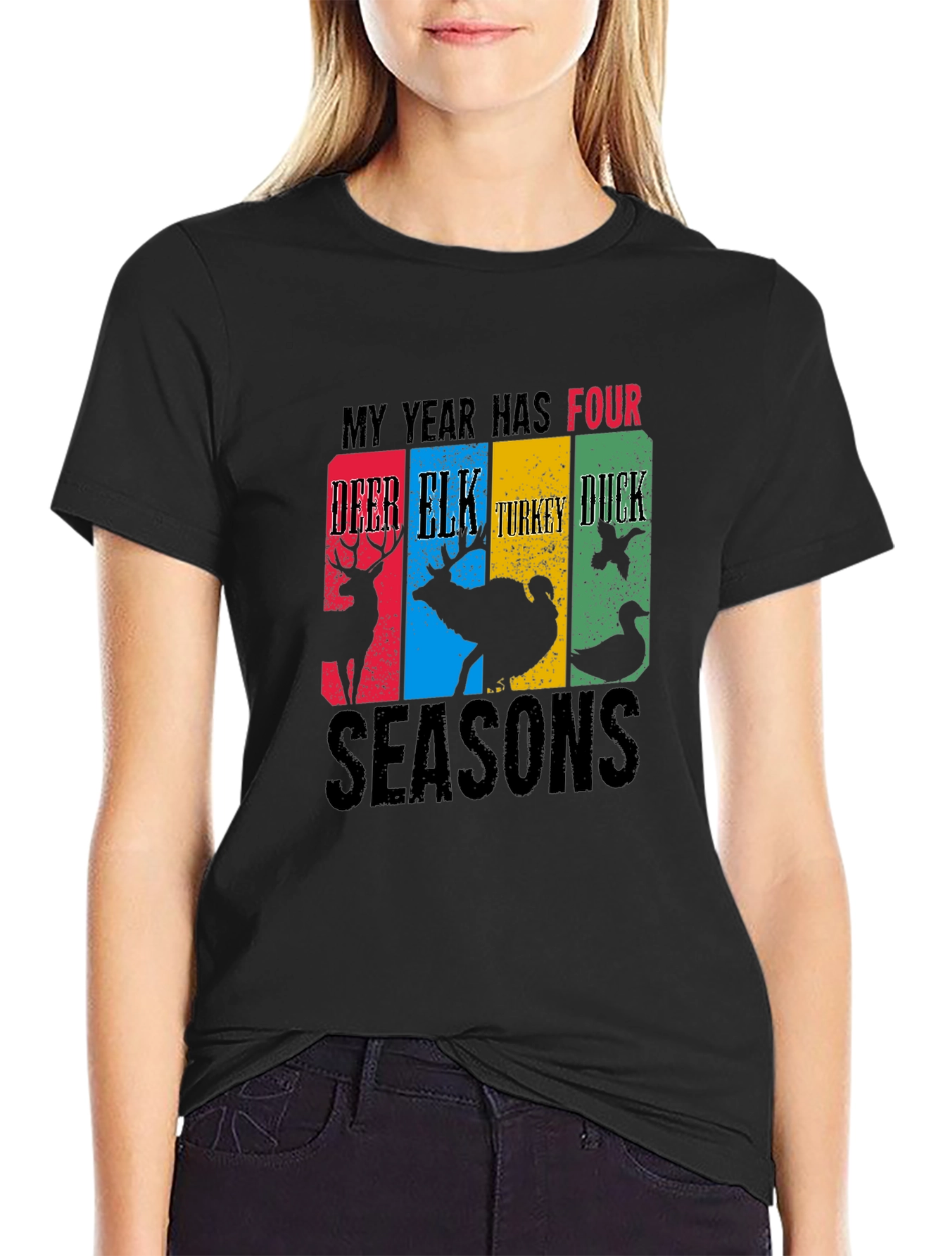 Black Four Seasons Hunting T-Shirt Deer Elk Turkey Duck view 2