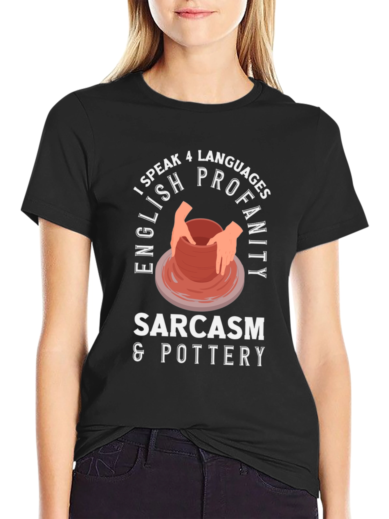 Black I Speak 4 Languages: Pottery T-Shirt view 2