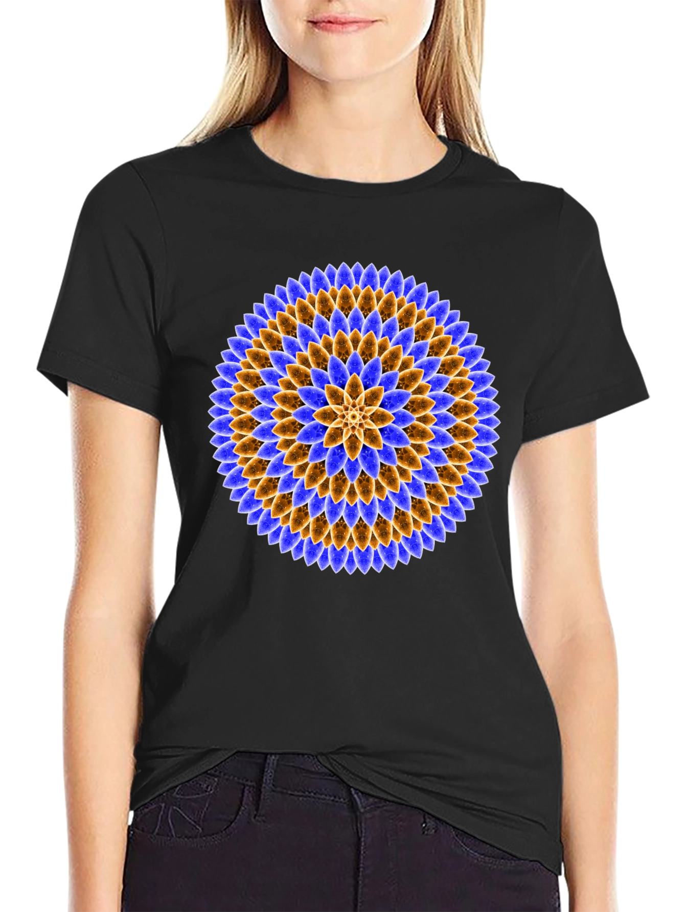 Black Floral Mandala Graphic Tee - Black Cotton T-Shirt view 2