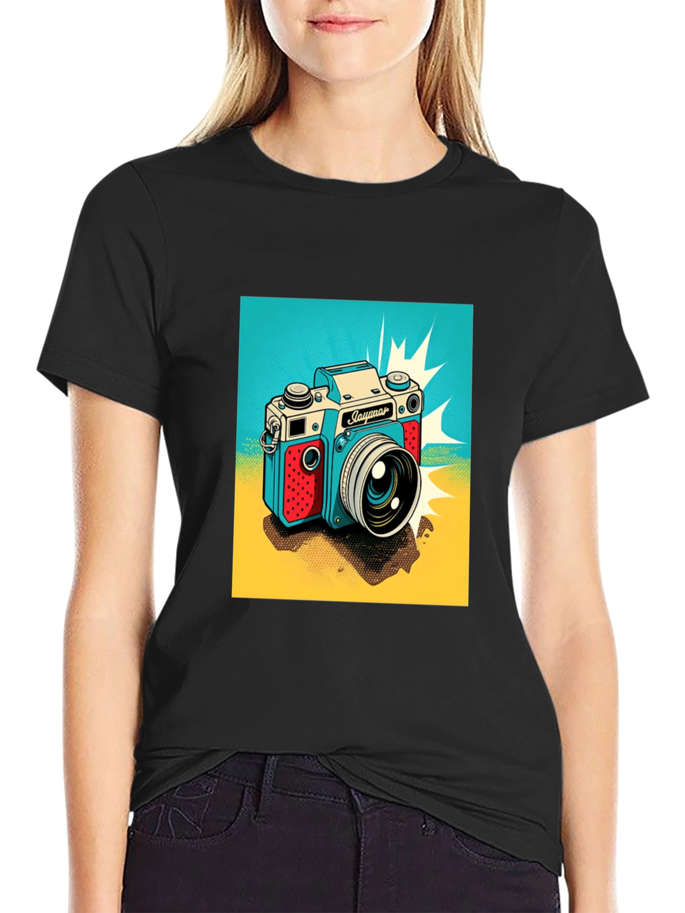 Black Retro Camera Graphic Tee - Black Cotton T-Shirt view 2