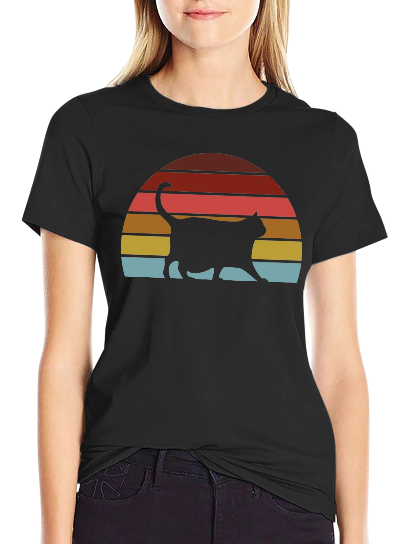 Black Retro Cat Sunset T-Shirt - Classic Design view 2