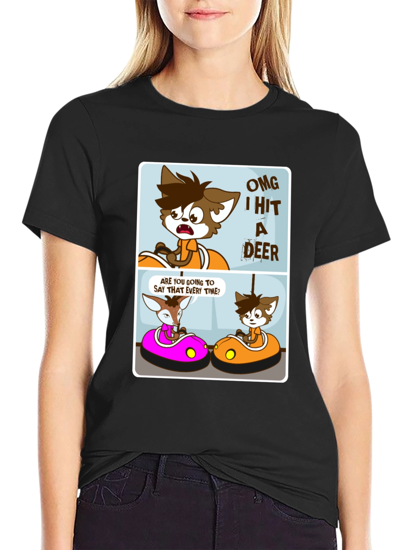 Black Cartoon Deer Bumper Cars Black T-Shirt view 2
