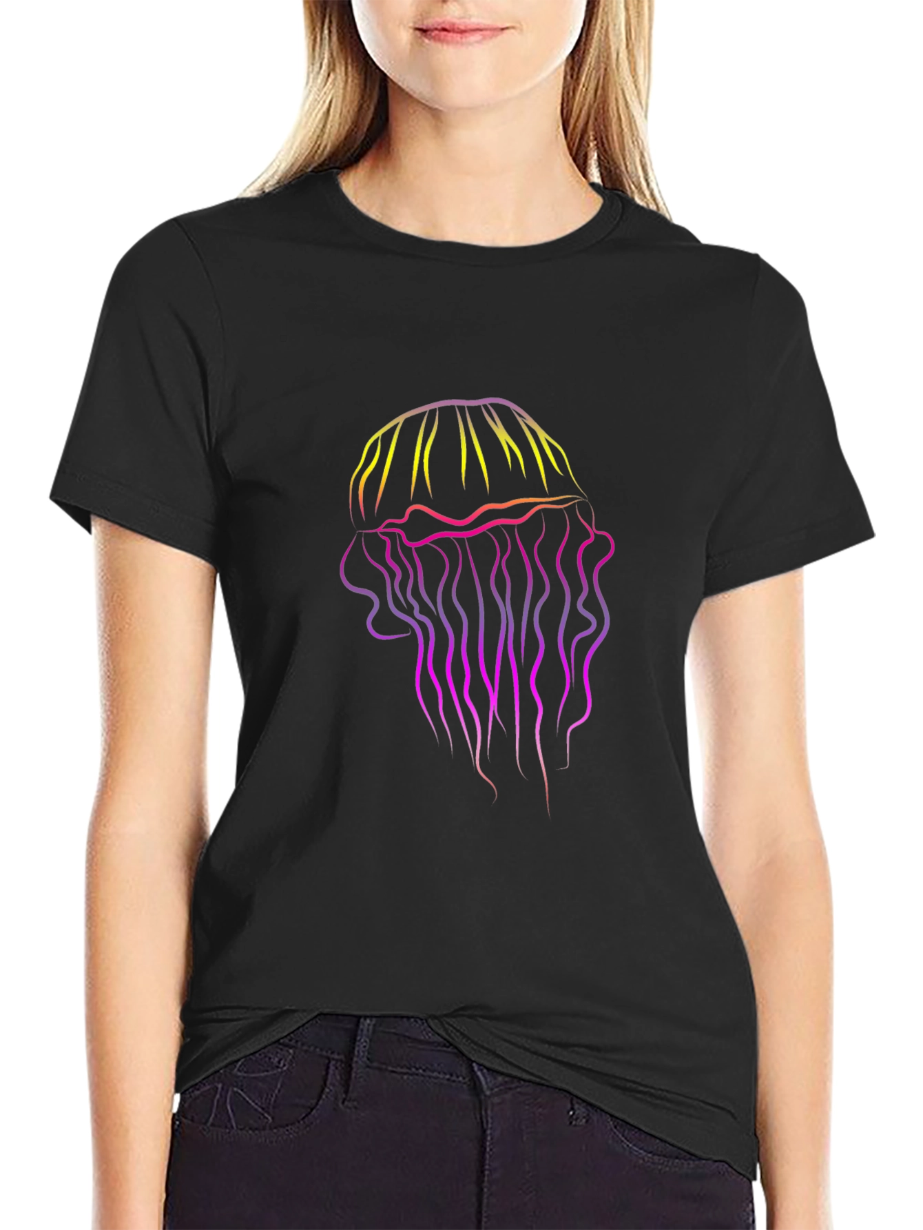Black Gradient Jellyfish Graphic Tee - Black Cotton T-Shirt view 2