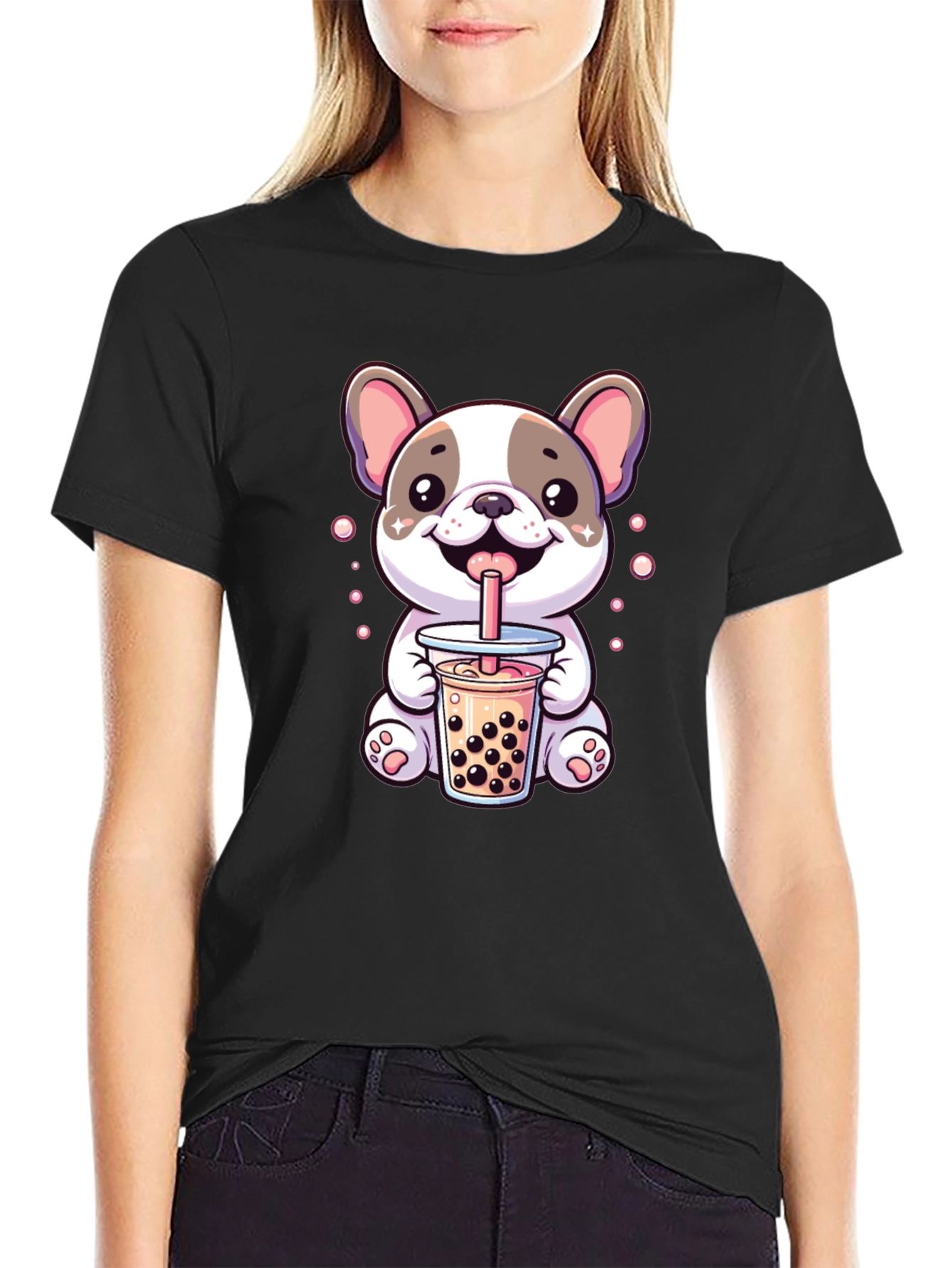 Black Cute Dog Bubble Tea Graphic Tee view 2