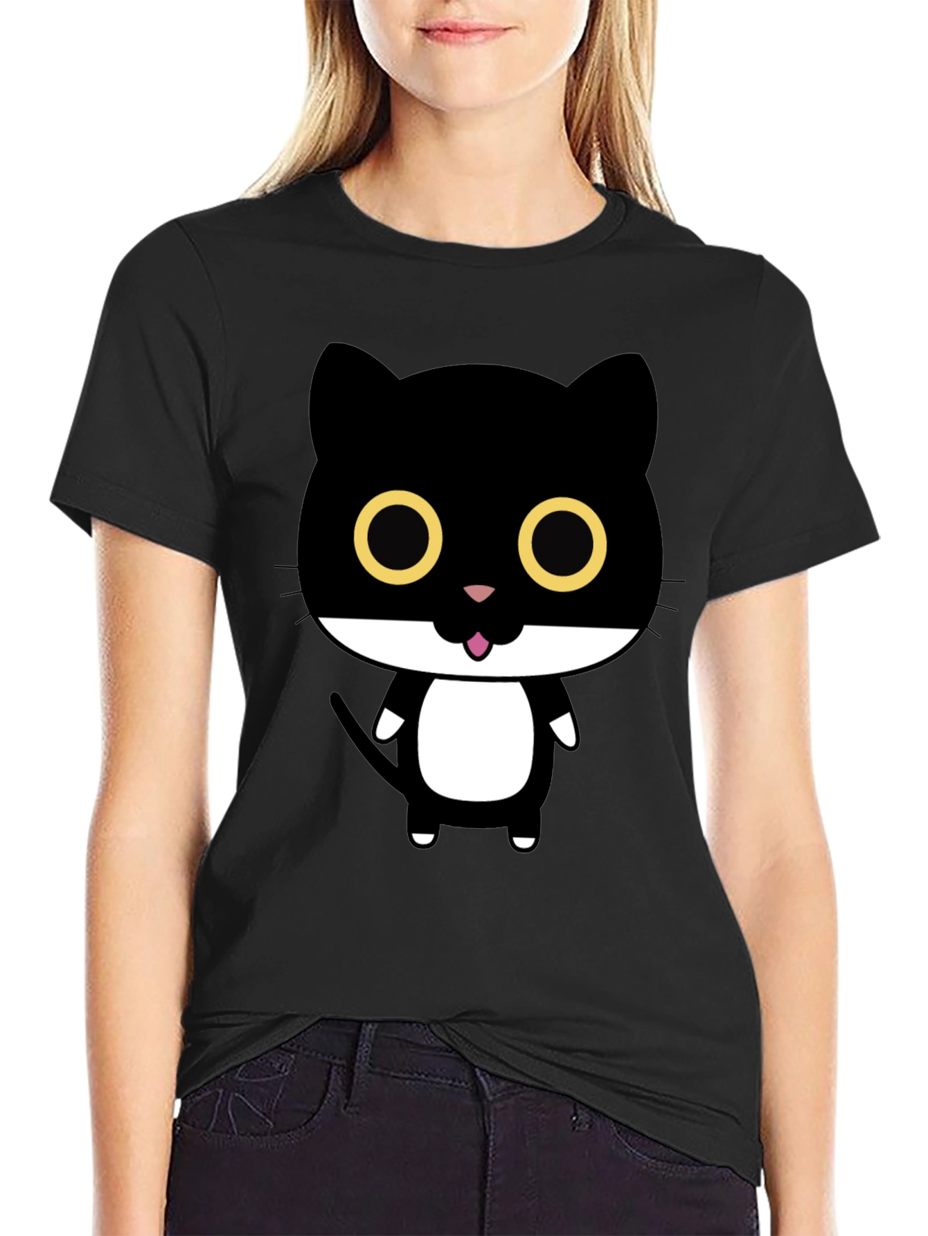 Black Cute Cartoon Black Cat Graphic T-Shirt view 2