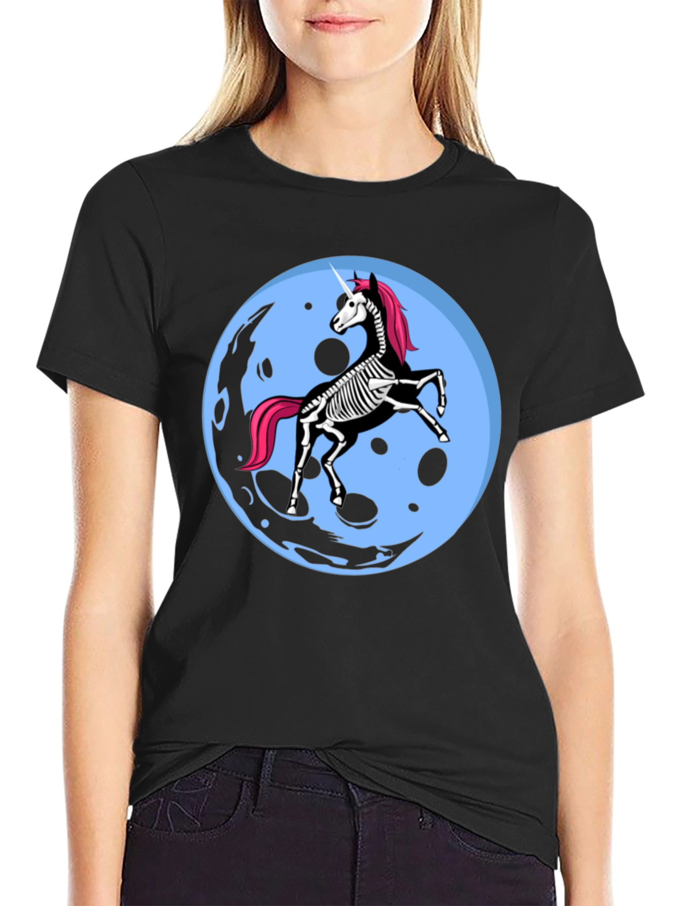 Unicorn Skeleton Moon Graphic T-Shirt - 2