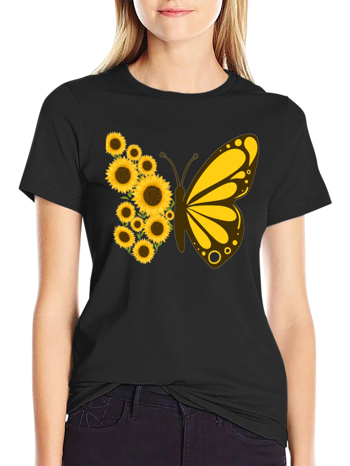 Black Sunflower Butterfly Graphic Tee view 2