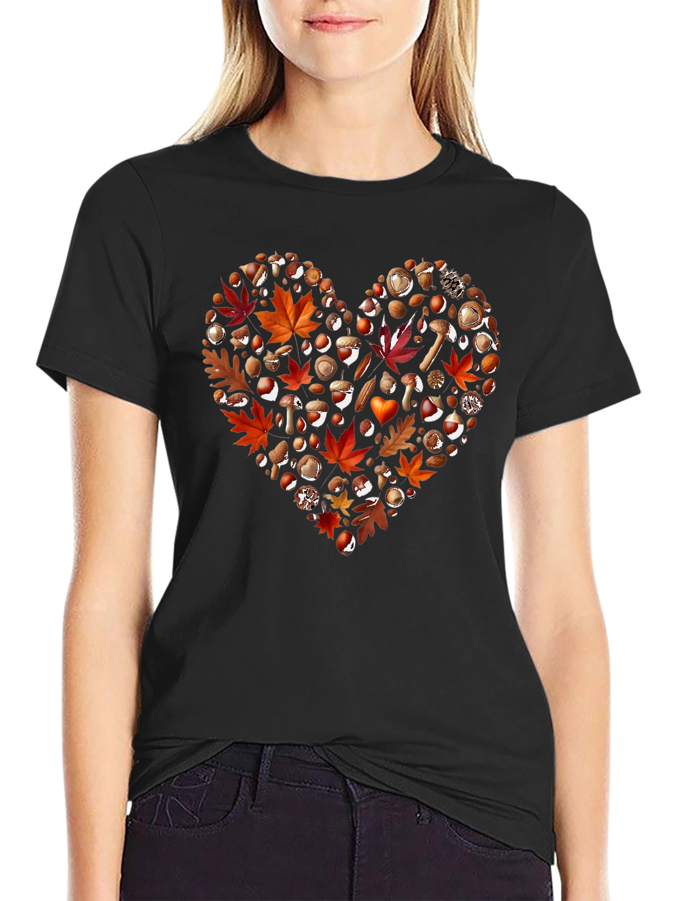 Black Autumn Love T-Shirt: Fall Leaves & Mushrooms view 2